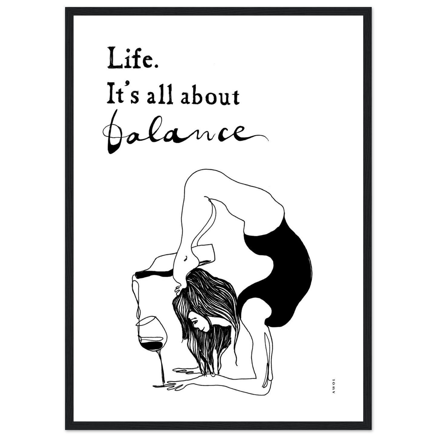 Yoga Art Print With Yoga Pose, Wine And Balance: Framed Art Print