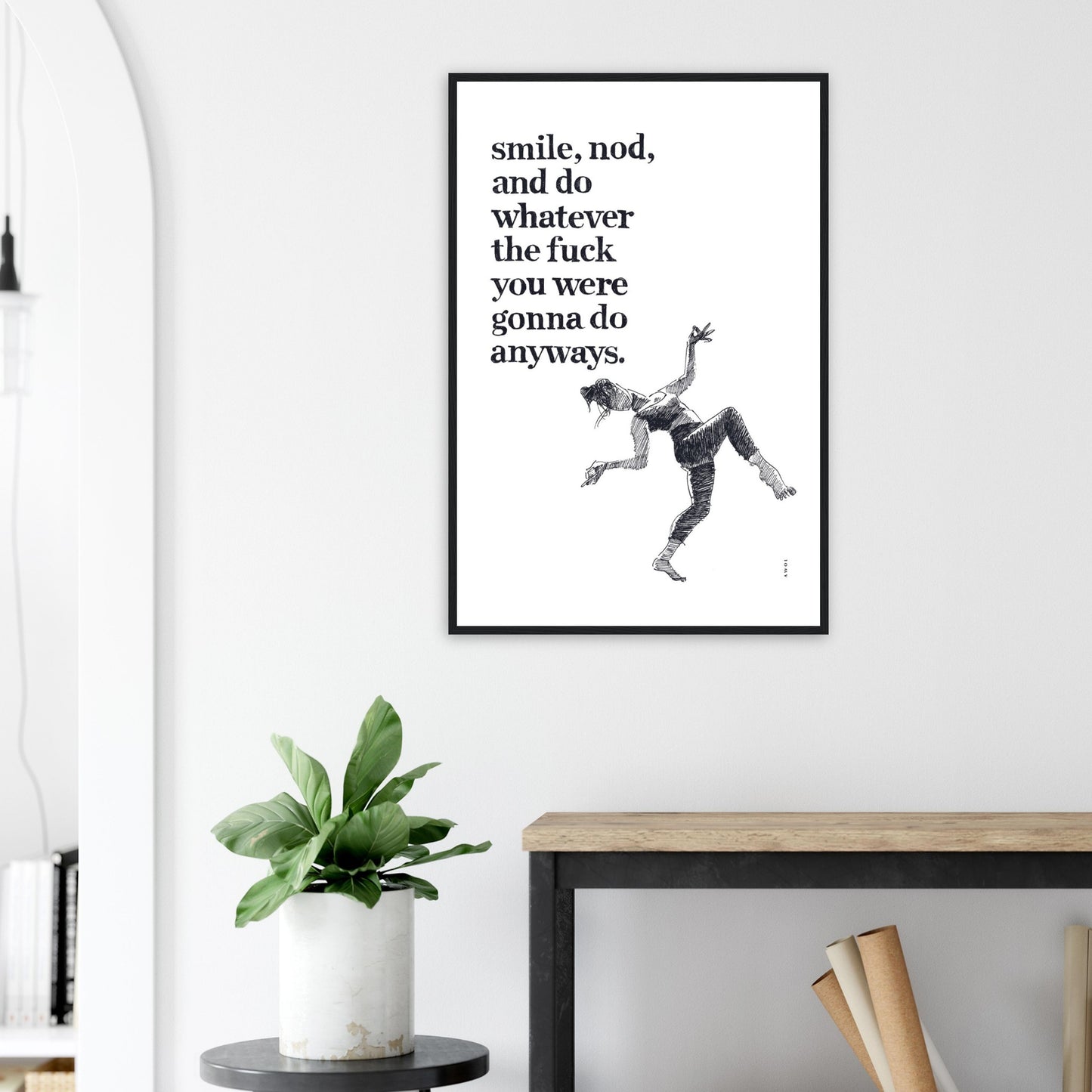 Smile And Nod, Dancing Woman With Funny Quote: Framed Art Print