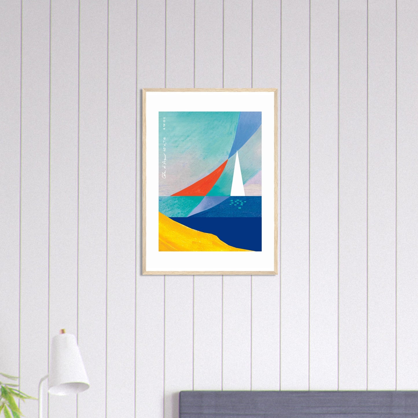 Sea And Sailboat Abstraction Art Of The Mediterranean Sea, French Riviera Nautical Art Print: Wooden Framed Poster Print