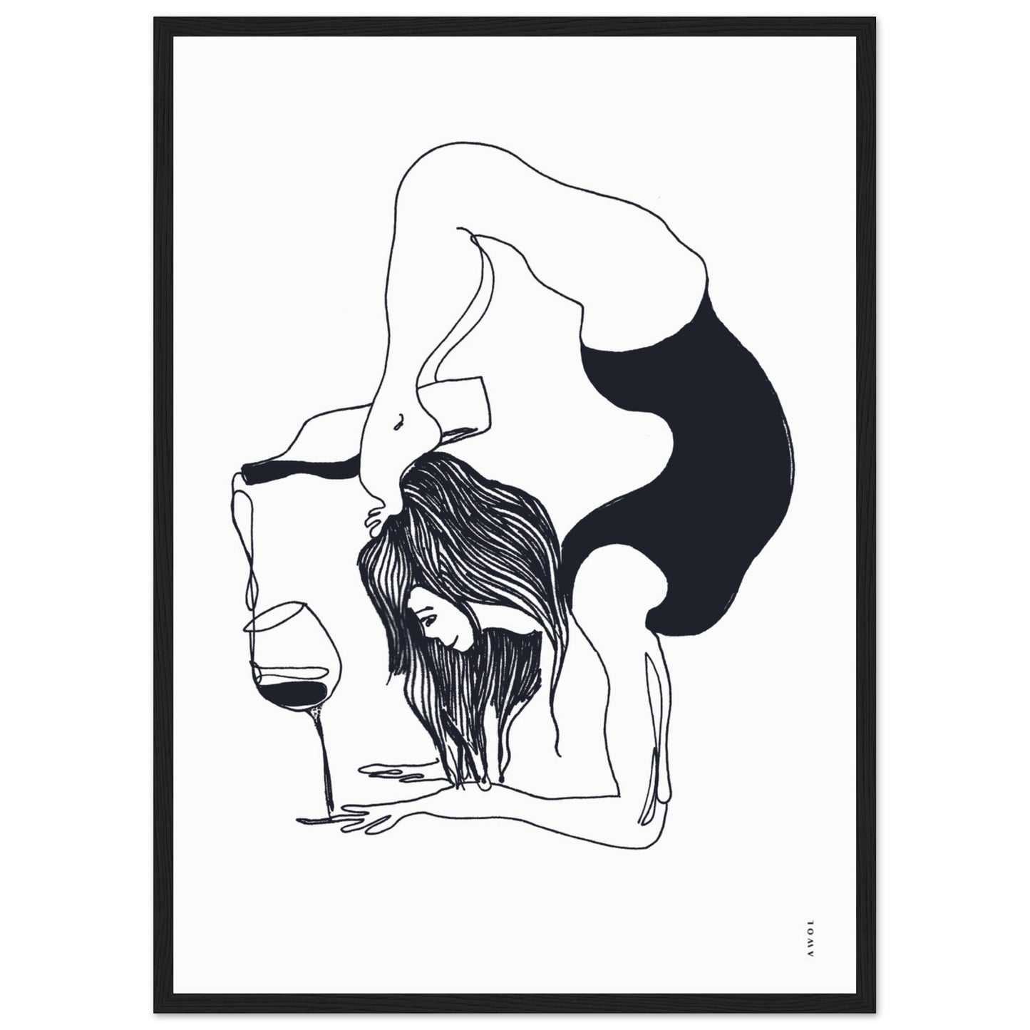 Funny Black And White Yoga Art Print In Wooden Frame With Wine And Balance Yoga Pose