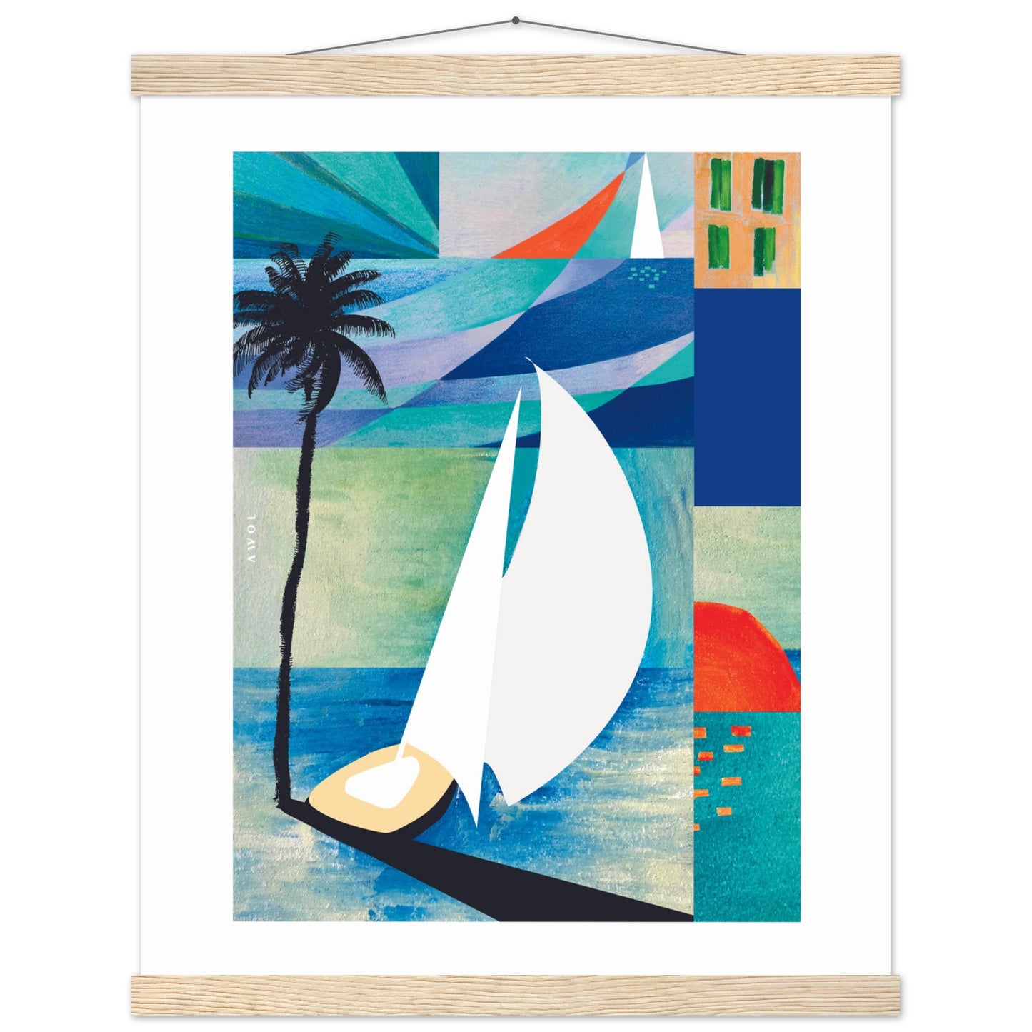 Colourful Sailing Art: Sea, Palm Tree And Orange Sun: Travel Poster with Hanger