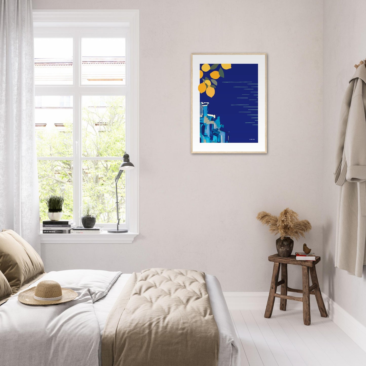 Mediterranean Blues: Landscape Art With Lemons By The Sea, Wooden Framed Art Print