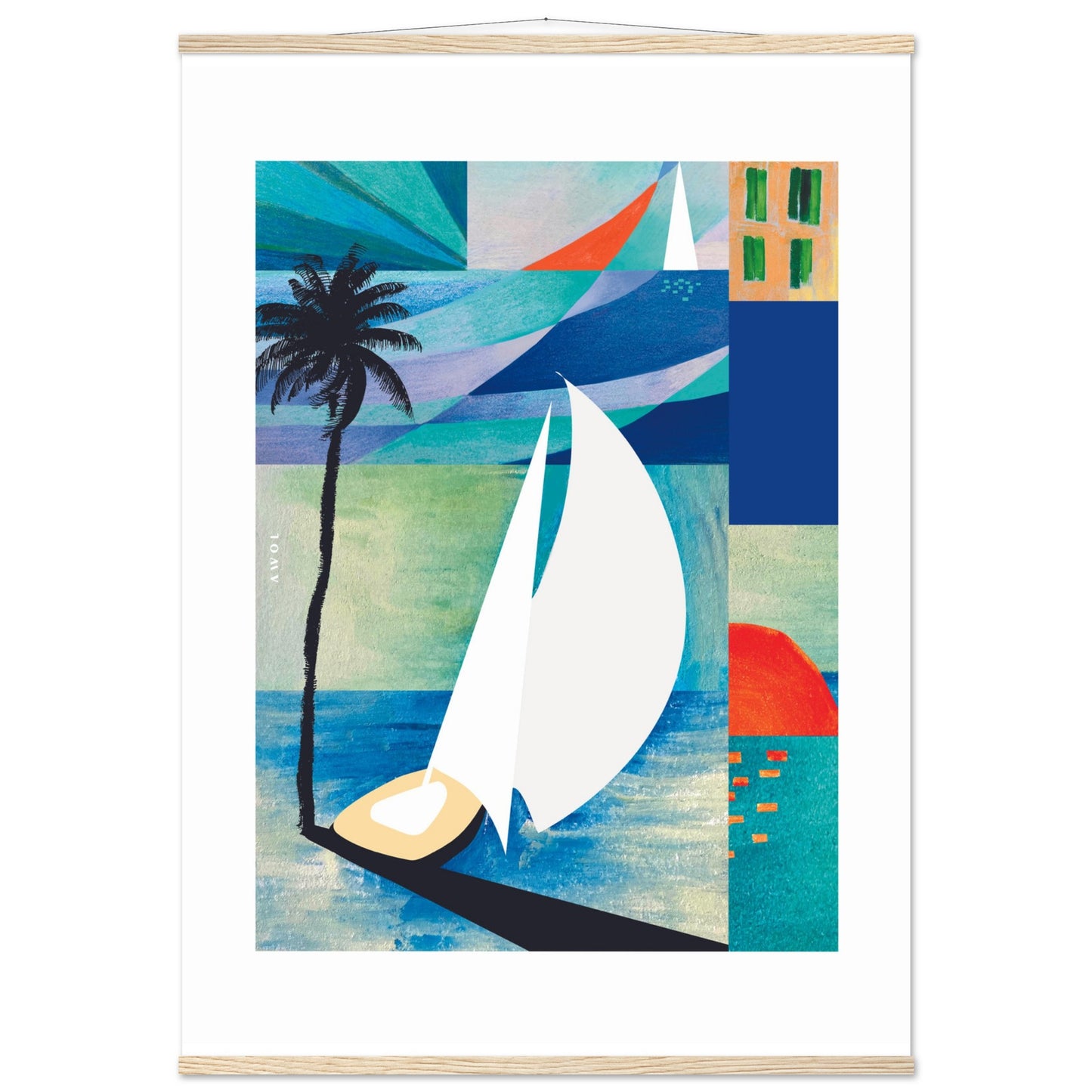 Colourful Sailing Art: Sea, Palm Tree And Orange Sun: Travel Poster with Hanger