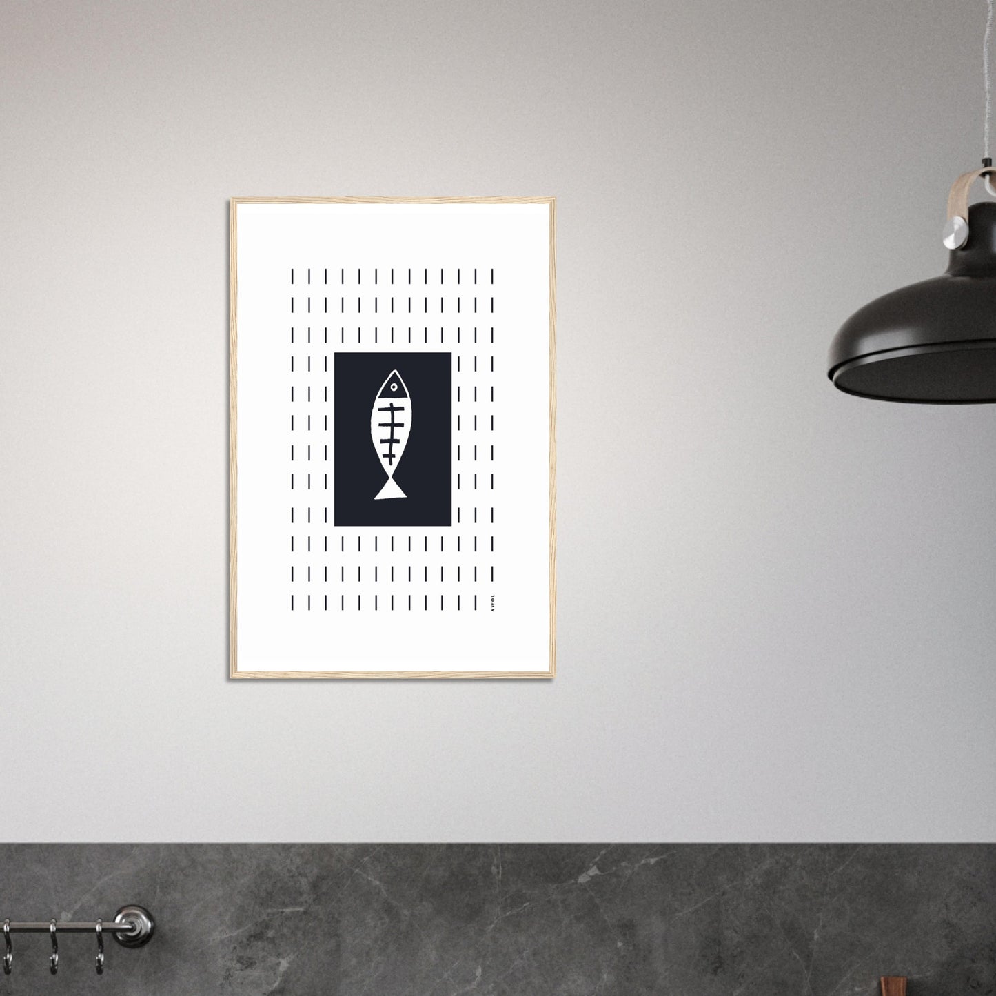 Minimalist Fish Art Abstraction In Rain Pattern, Black and White Framed Art Print