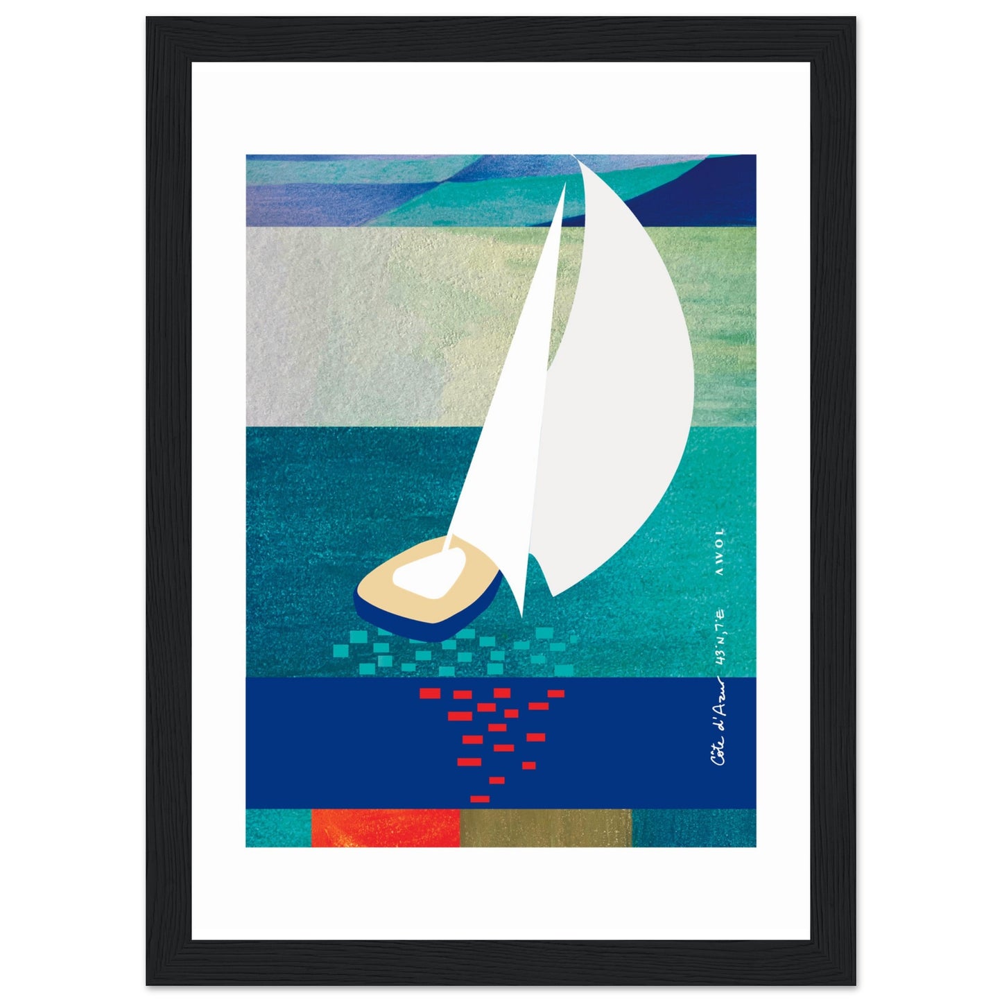 White Sailboat At Sunset On The Sea With Graphic Reflection: French Rivera: Classic Matte Paper Wooden Framed Poster
