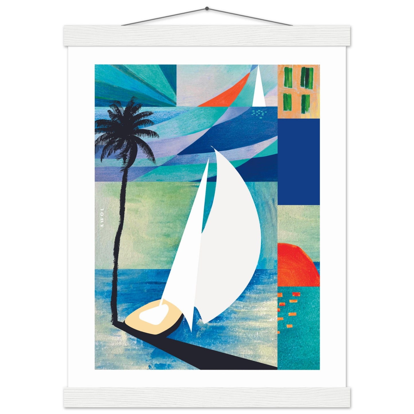 Colourful Sailing Art: Sea, Palm Tree And Orange Sun: Travel Poster with Hanger
