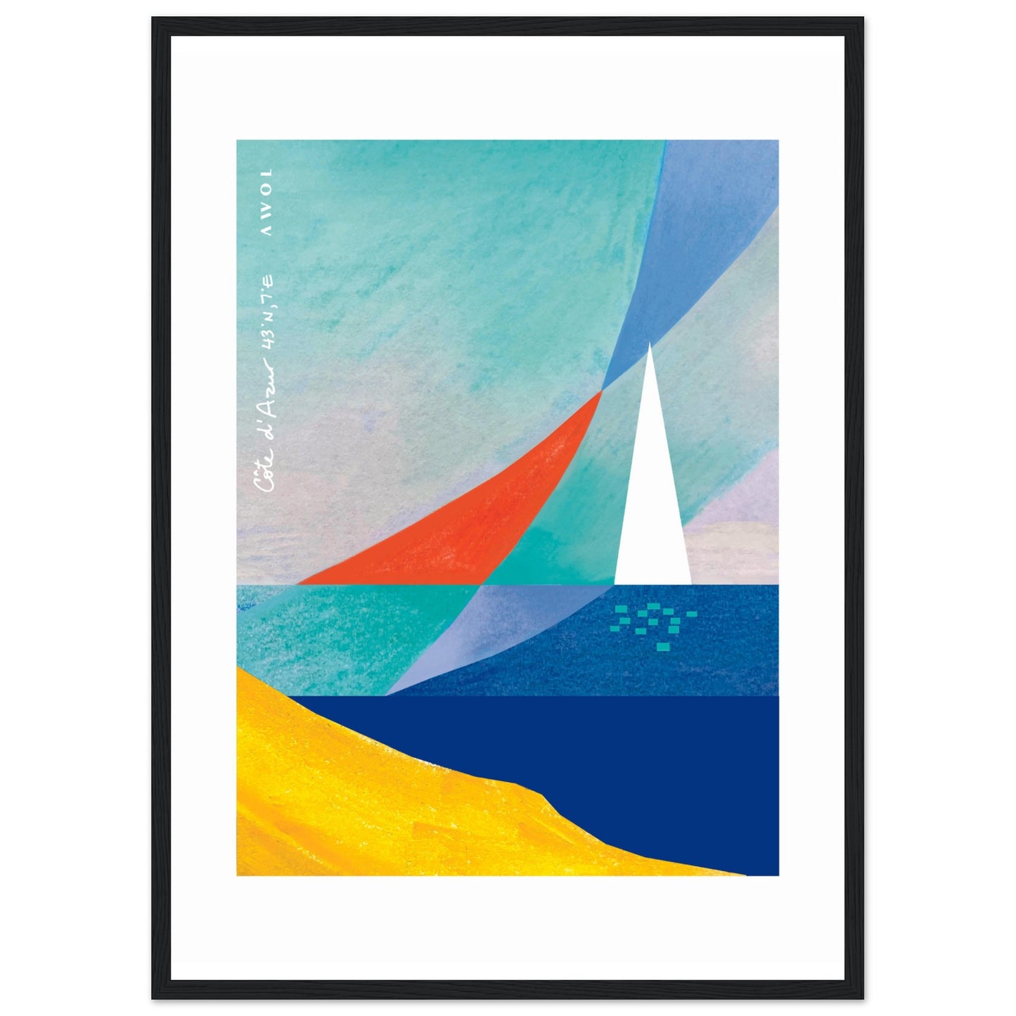 Sea And Sailboat Abstraction Art Of The Mediterranean Sea, French Riviera Nautical Art Print: Wooden Framed Poster Print