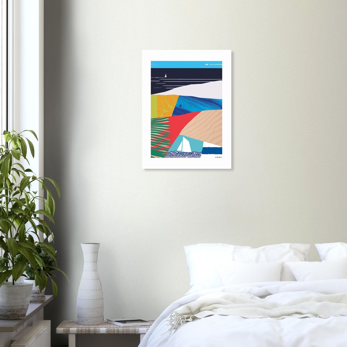 Tropical Beach Paradise With Palm Trees, Travel Art Print On Aluminum