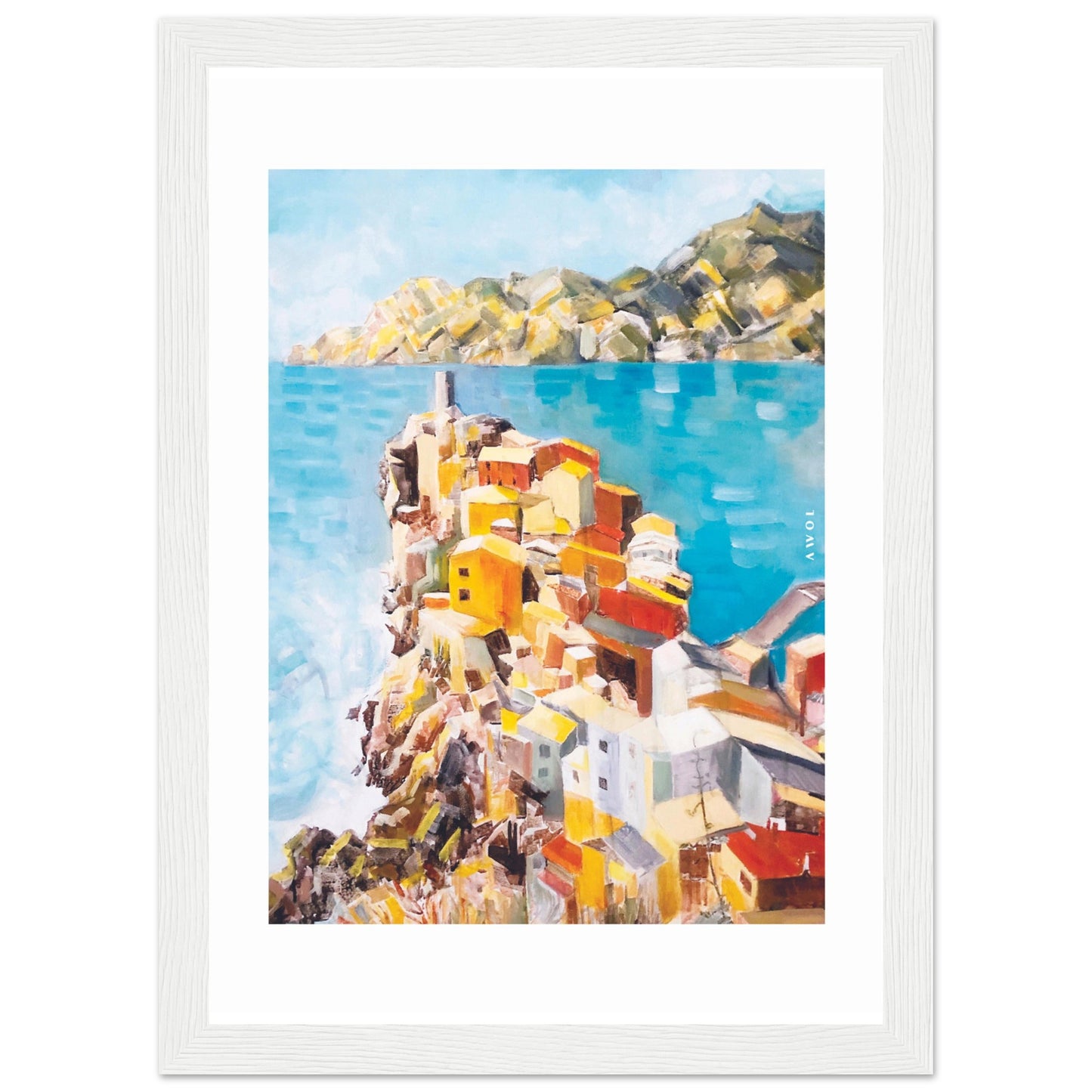 Colourful Town On A Cliff By The Sea In Italy: Italian Riviera Framed Art Print