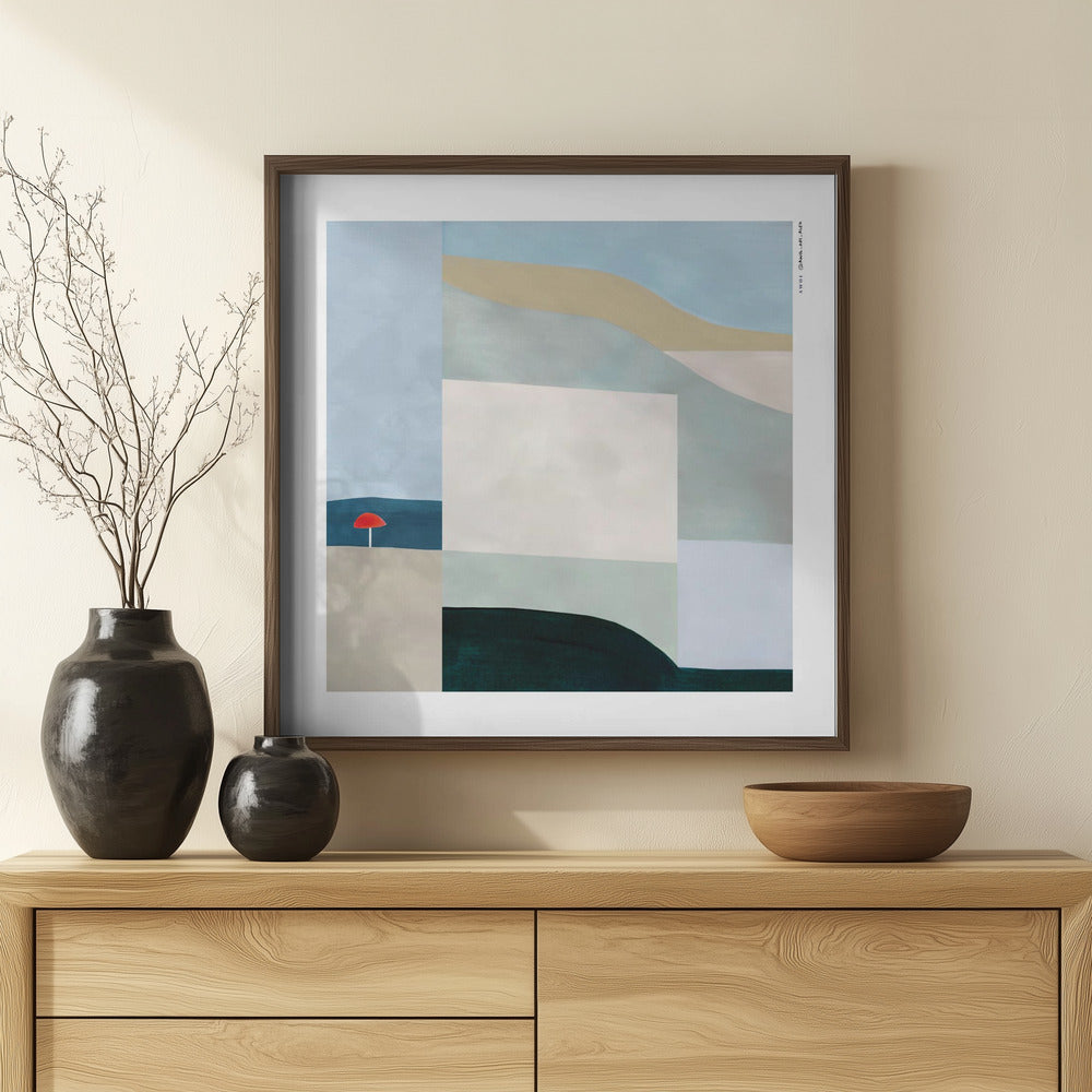 Red Beach Umbrella – Urban Oasis: Fine Art Poster
