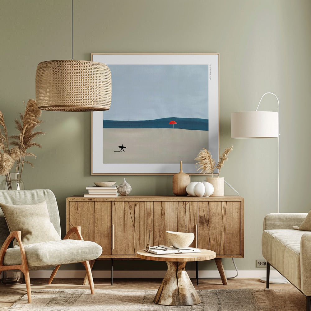Toward the Wave: Surfer On The Beach, Fine Art Wooden Framed Poster