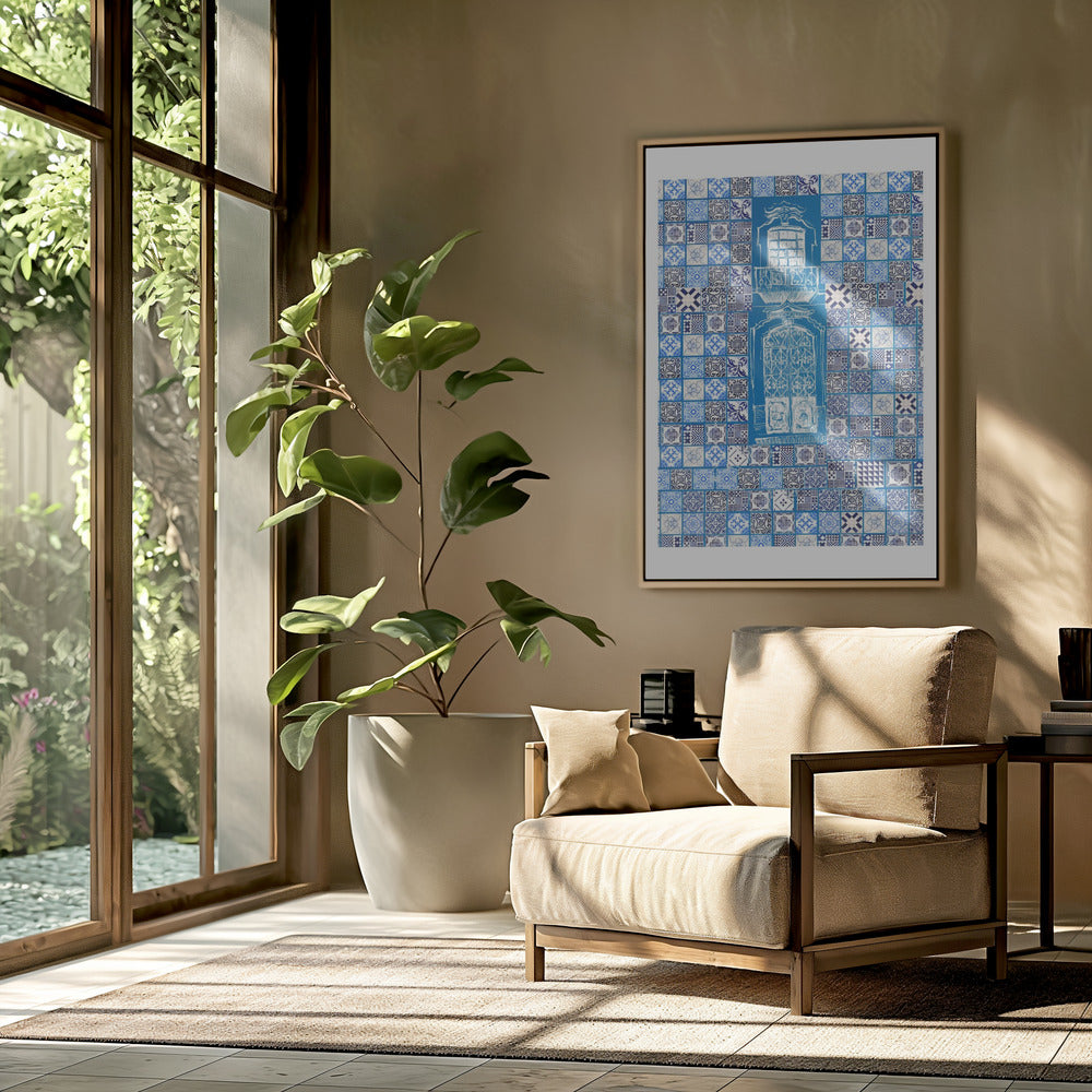 Blue Portugese Patterns: Azulejos Wall, Wooden Framed Poster