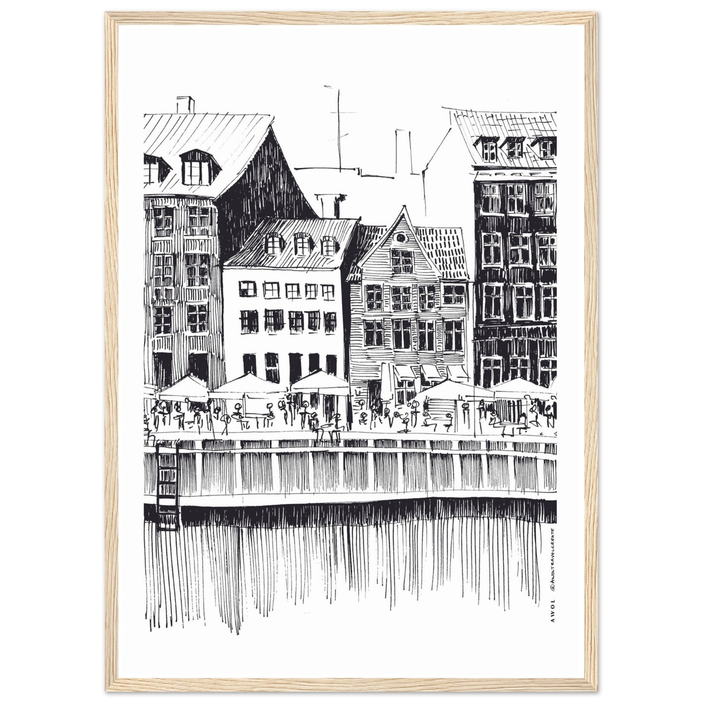 Saturday Afternoon With Cafés And Historic Houses In Copenhagen, Wooden Framed Art Print On Premium Paper