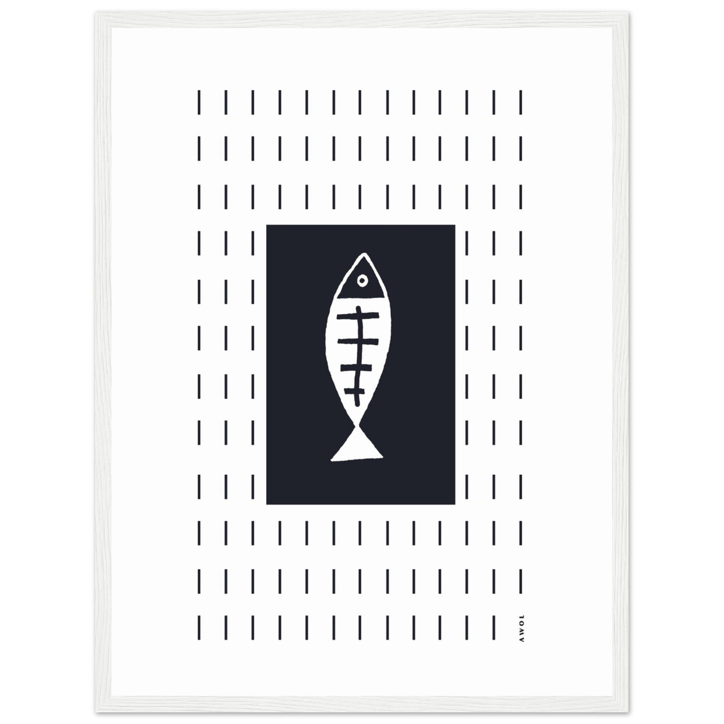 Minimalist Fish Art Abstraction In Rain Pattern, Black and White Framed Art Print