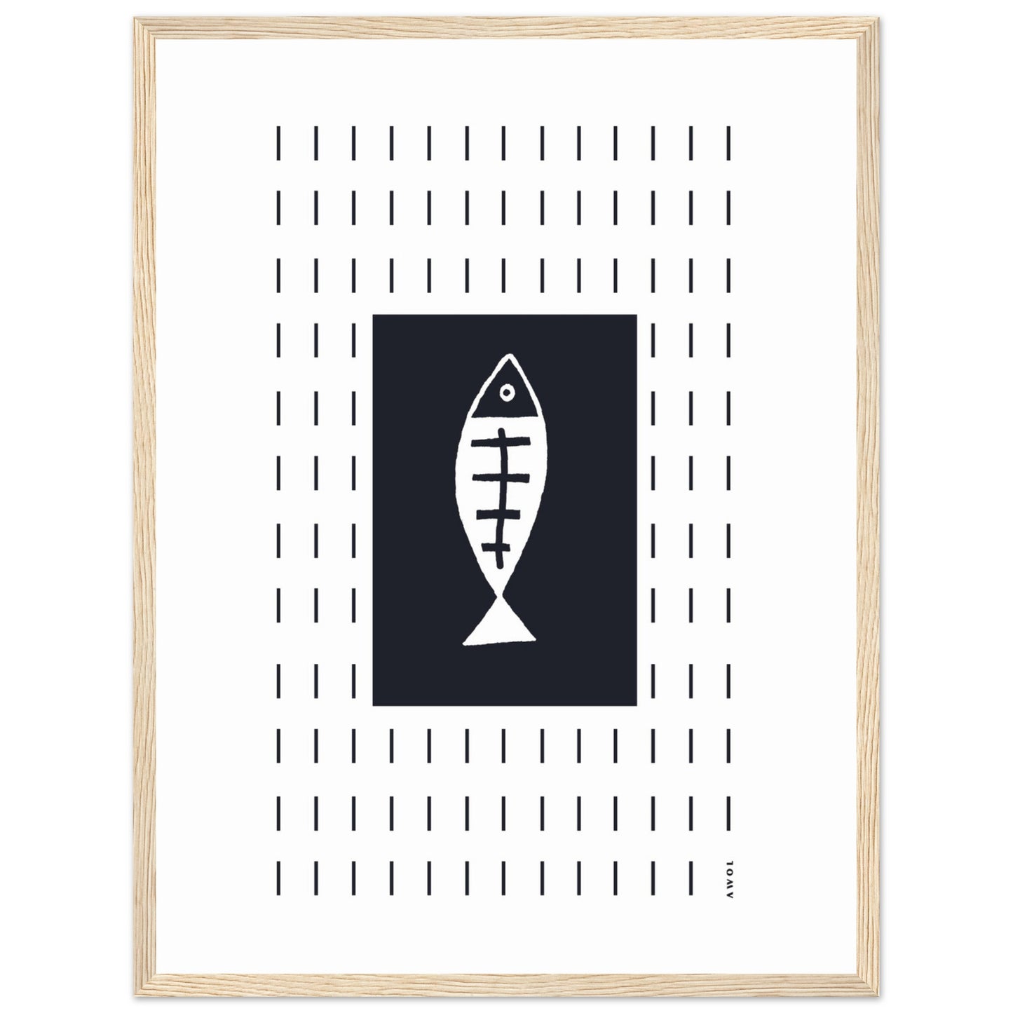 Minimalist Fish Art Abstraction In Rain Pattern, Black and White Framed Art Print