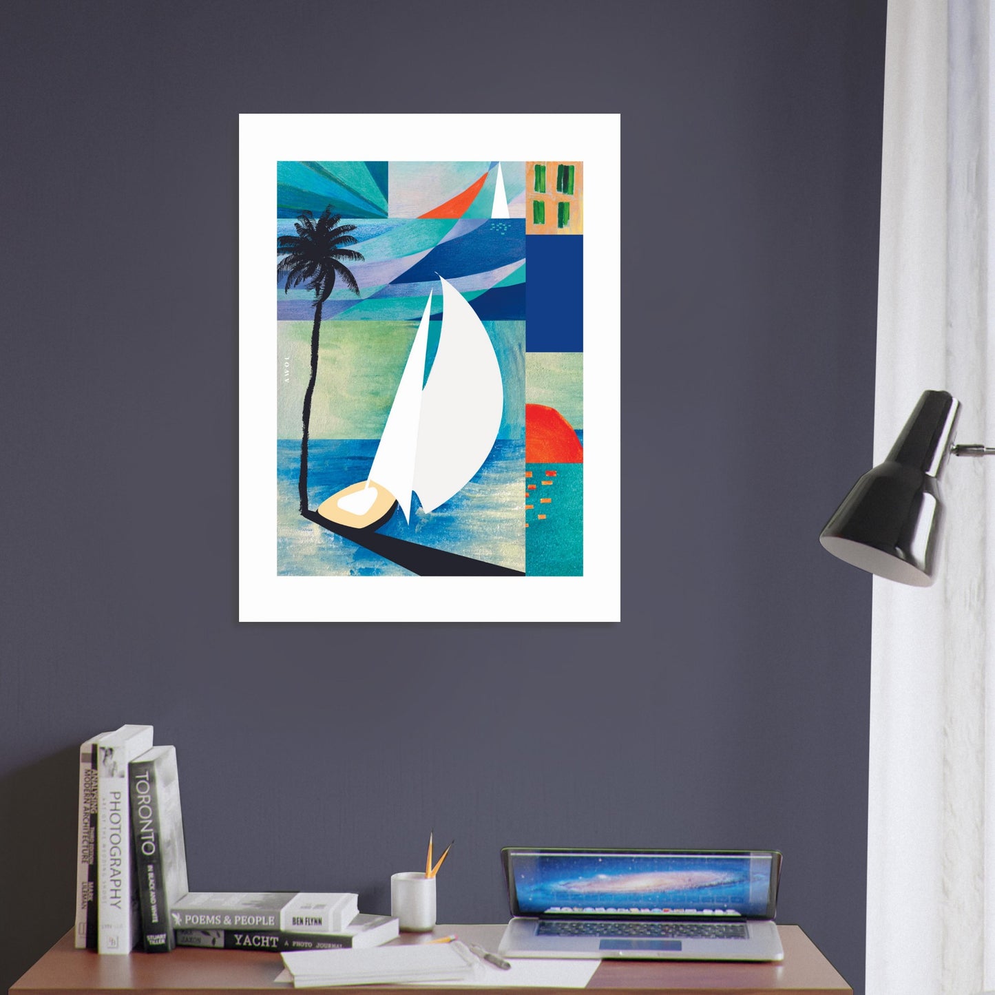 Tropical Art Print, Sunrise, Sail Boat and Palm Trees: Poster Print
