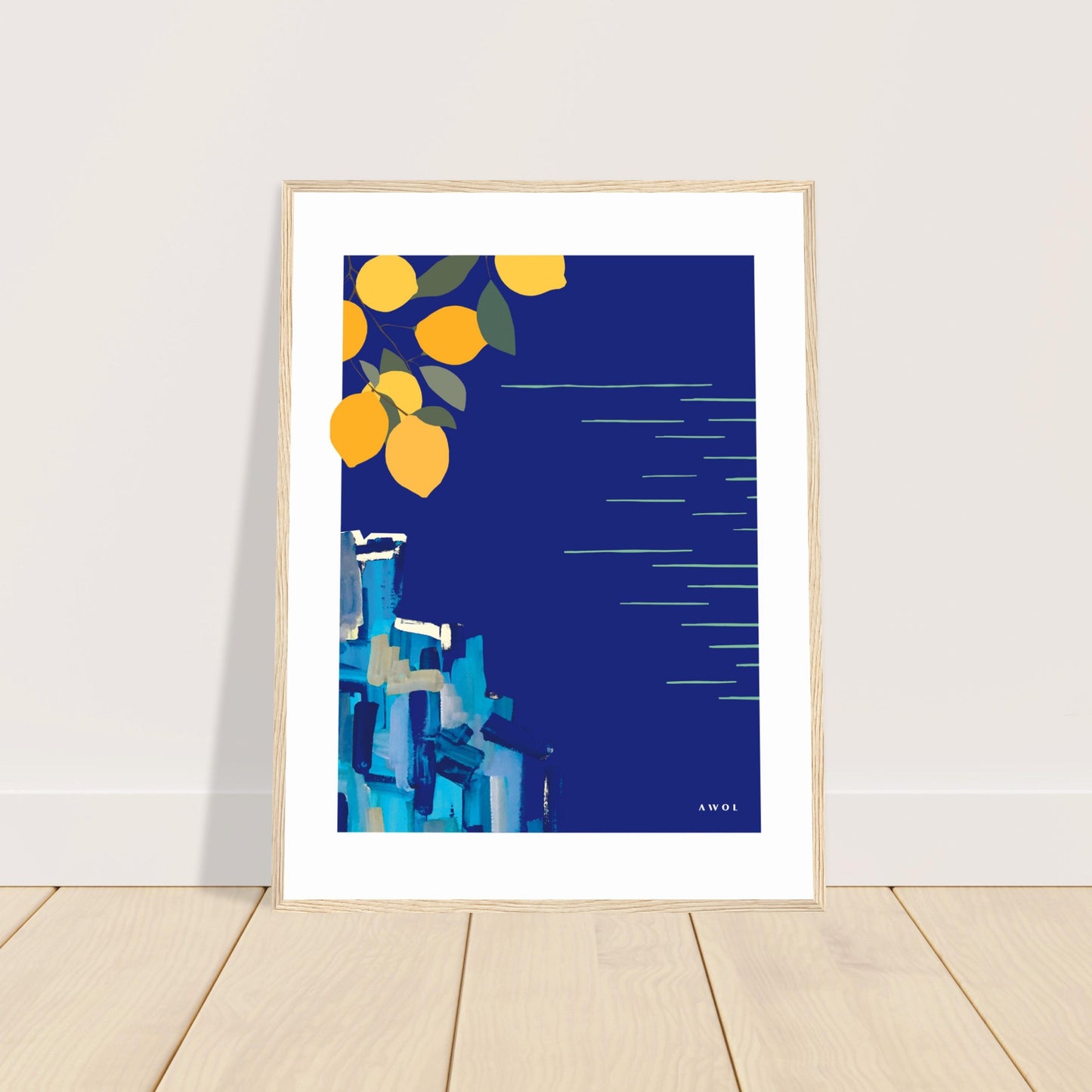 Mediterranean Blues: Landscape Art With Lemons By The Sea, Wooden Framed Art Print