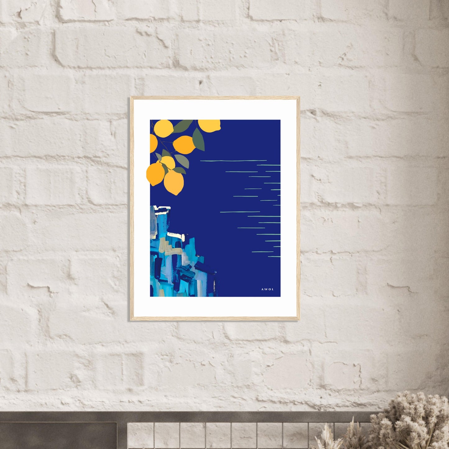 Mediterranean Blues: Landscape Art With Lemons By The Sea, Wooden Framed Art Print