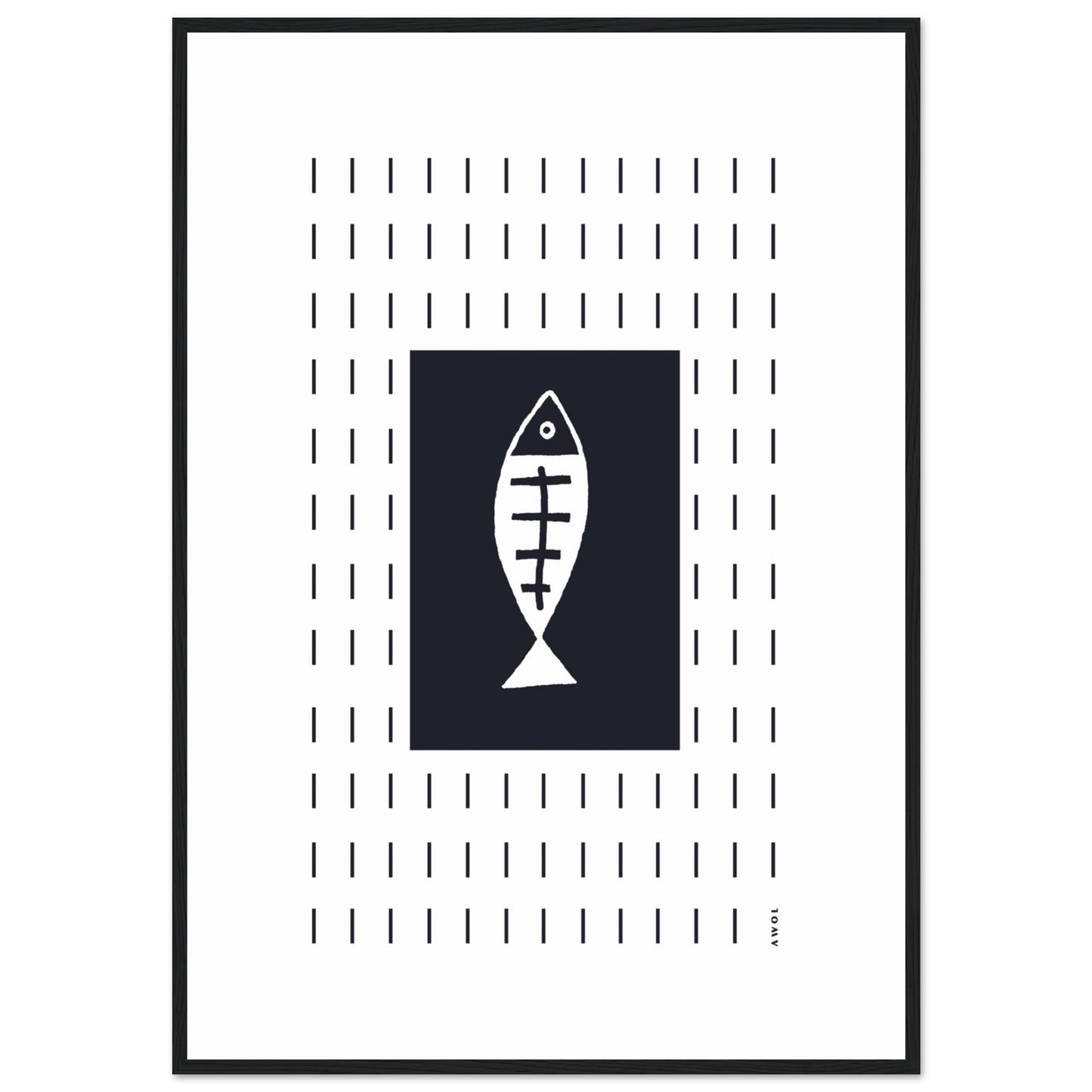Minimalist Fish Art Abstraction In Rain Pattern, Black and White Framed Art Print