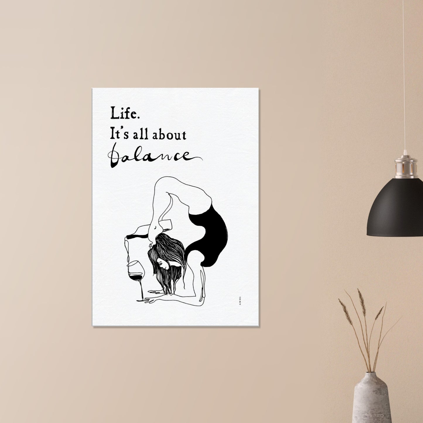 Life Is All About Balance: Modern Yoga Art, Quote and Wine, Art Print On Canvas