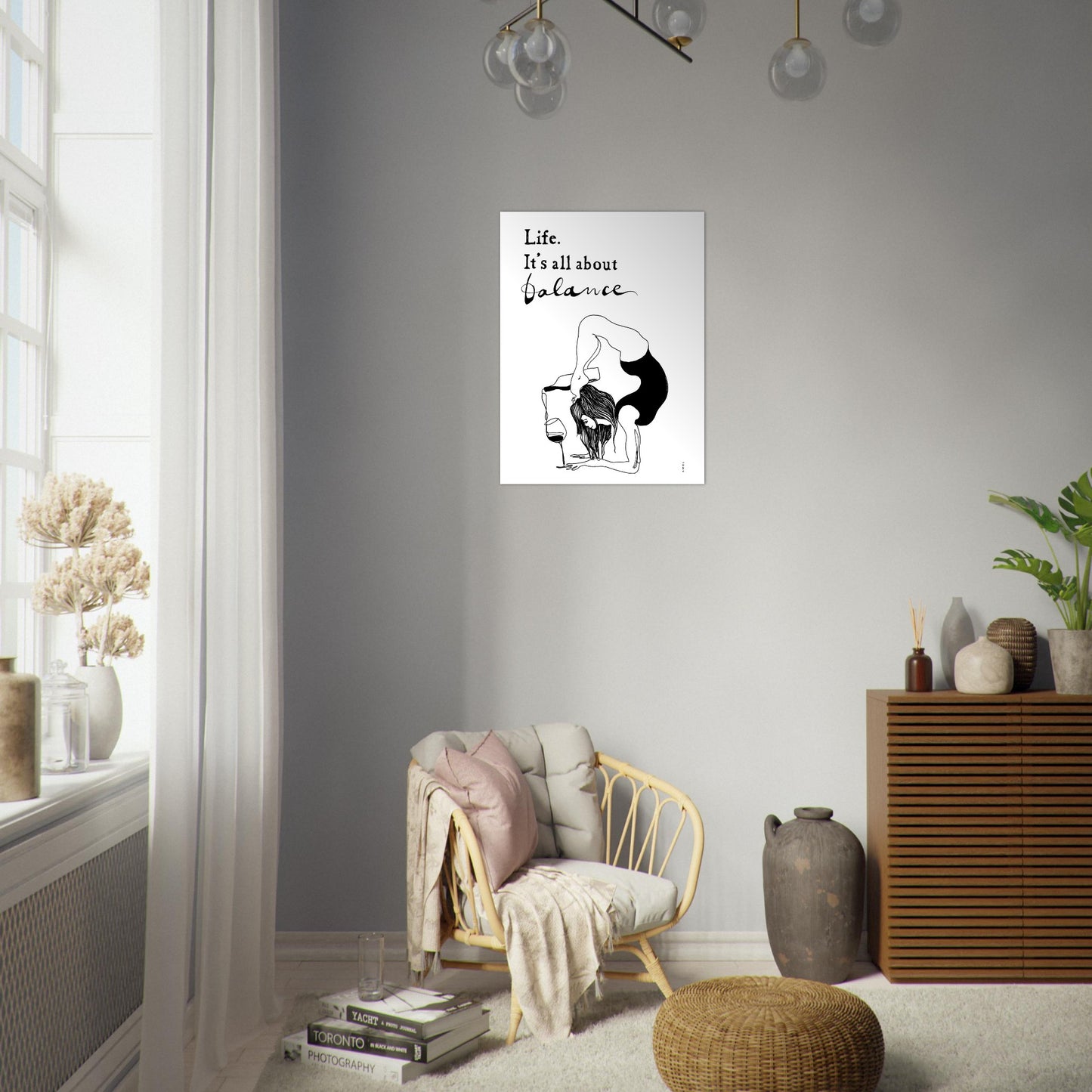 Life. It's All About Balance, Funny Black And White Mental Health With Life Quote And Wine, Aluminum Print