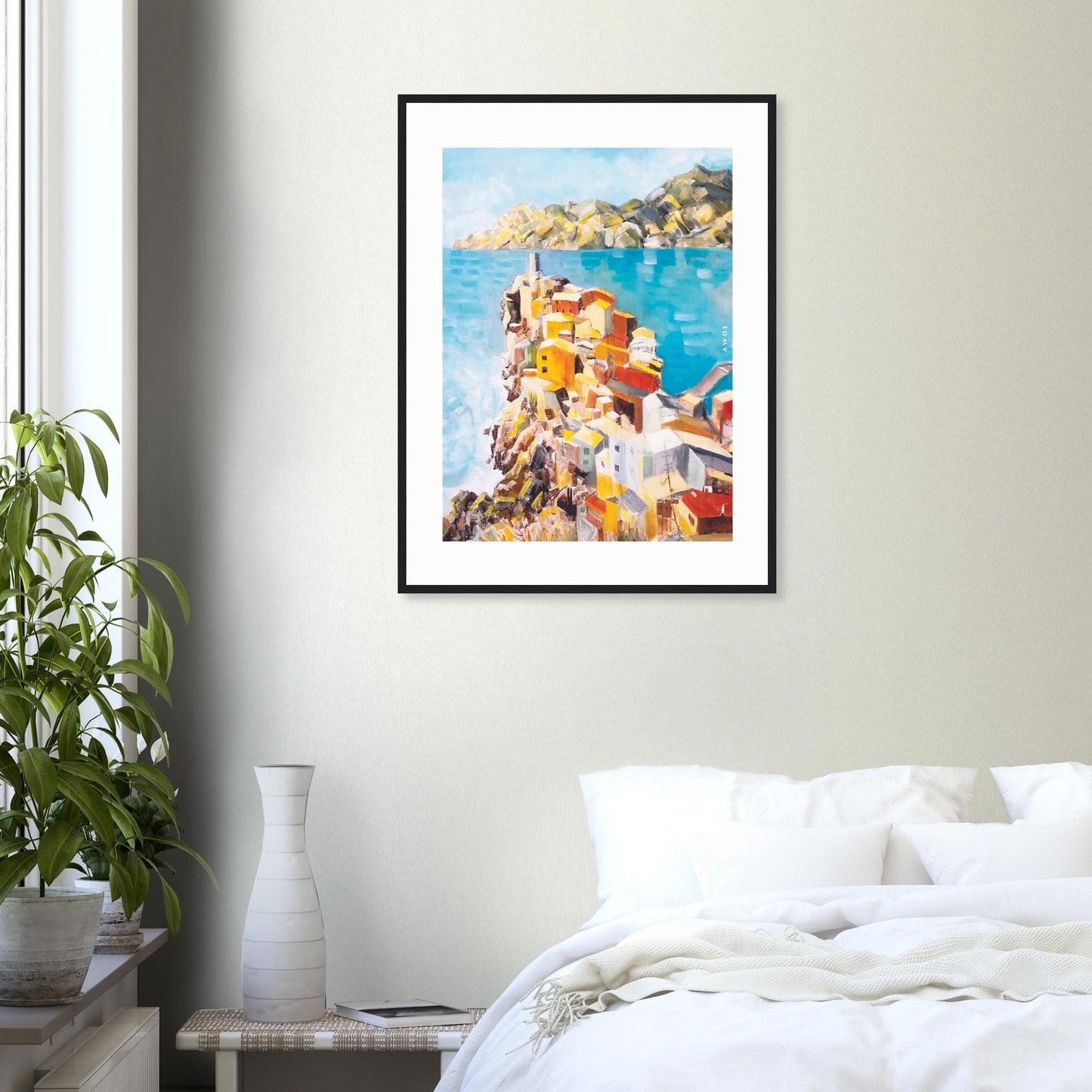 Colourful Town On A Cliff By The Sea In Italy: Italian Riviera Framed Art Print