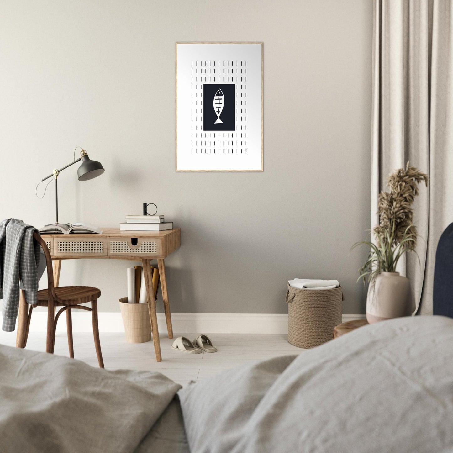 Minimalist Fish Art Abstraction In Rain Pattern, Black and White Framed Art Print
