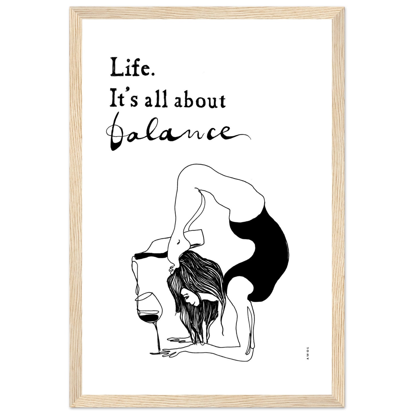 Yoga Art Print With Yoga Pose, Wine And Balance: Framed Art Print