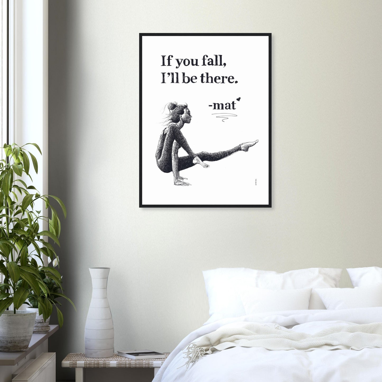 If You Fall, I'll Be There: Yoga Pose Art: Black And White Framed Print