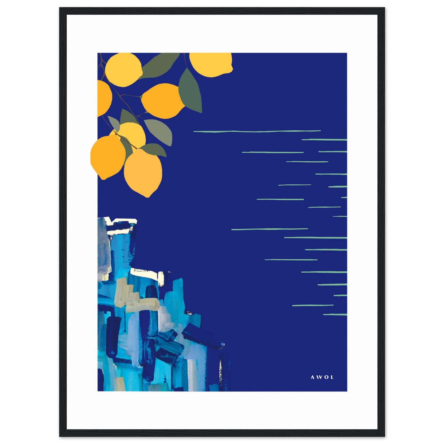 Mediterranean Blues: Landscape Art With Lemons By The Sea, Wooden Framed Art Print