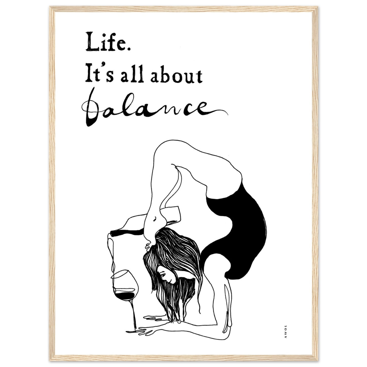 Yoga Art Print With Yoga Pose, Wine And Balance: Framed Art Print