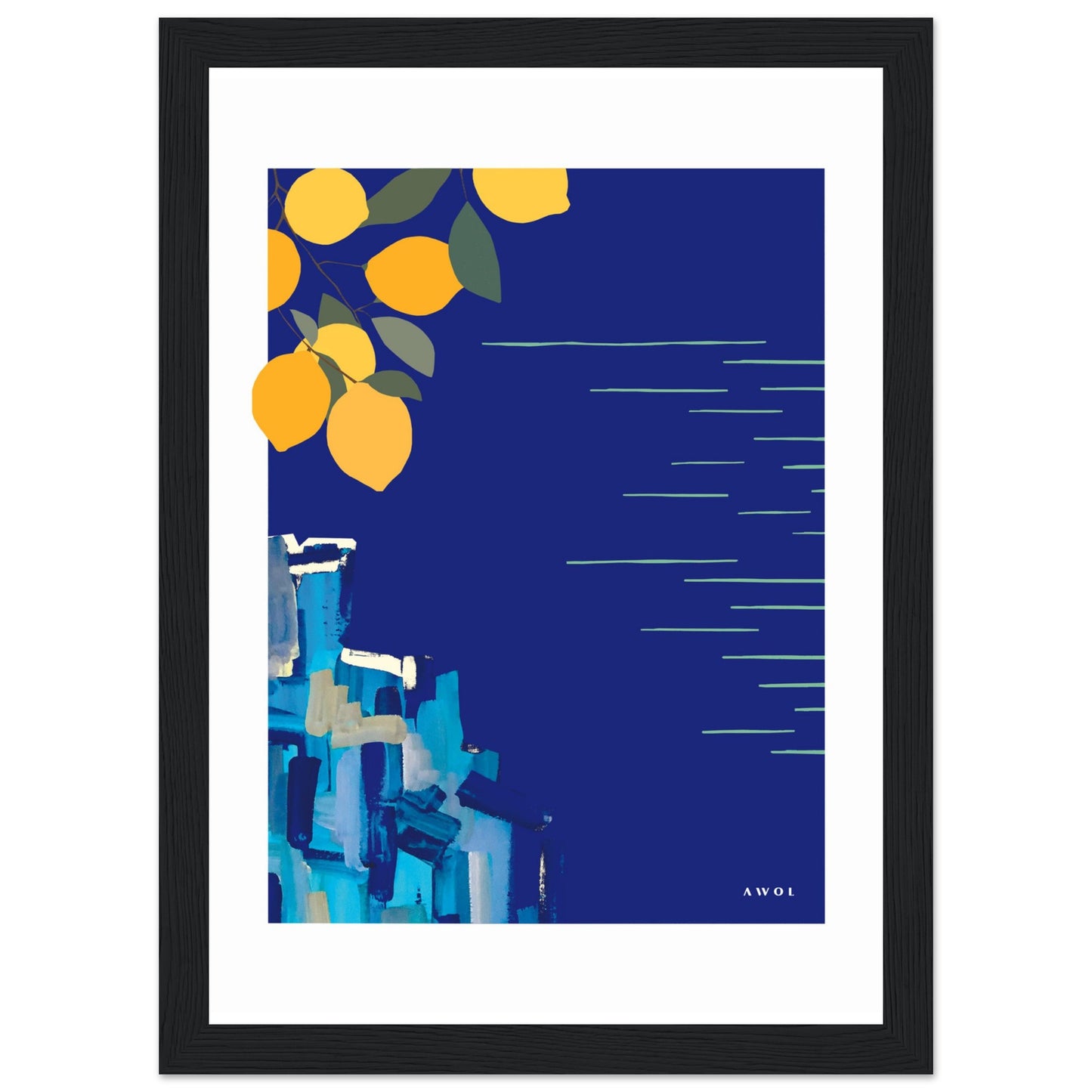 Mediterranean Blues: Landscape Art With Lemons By The Sea, Wooden Framed Art Print