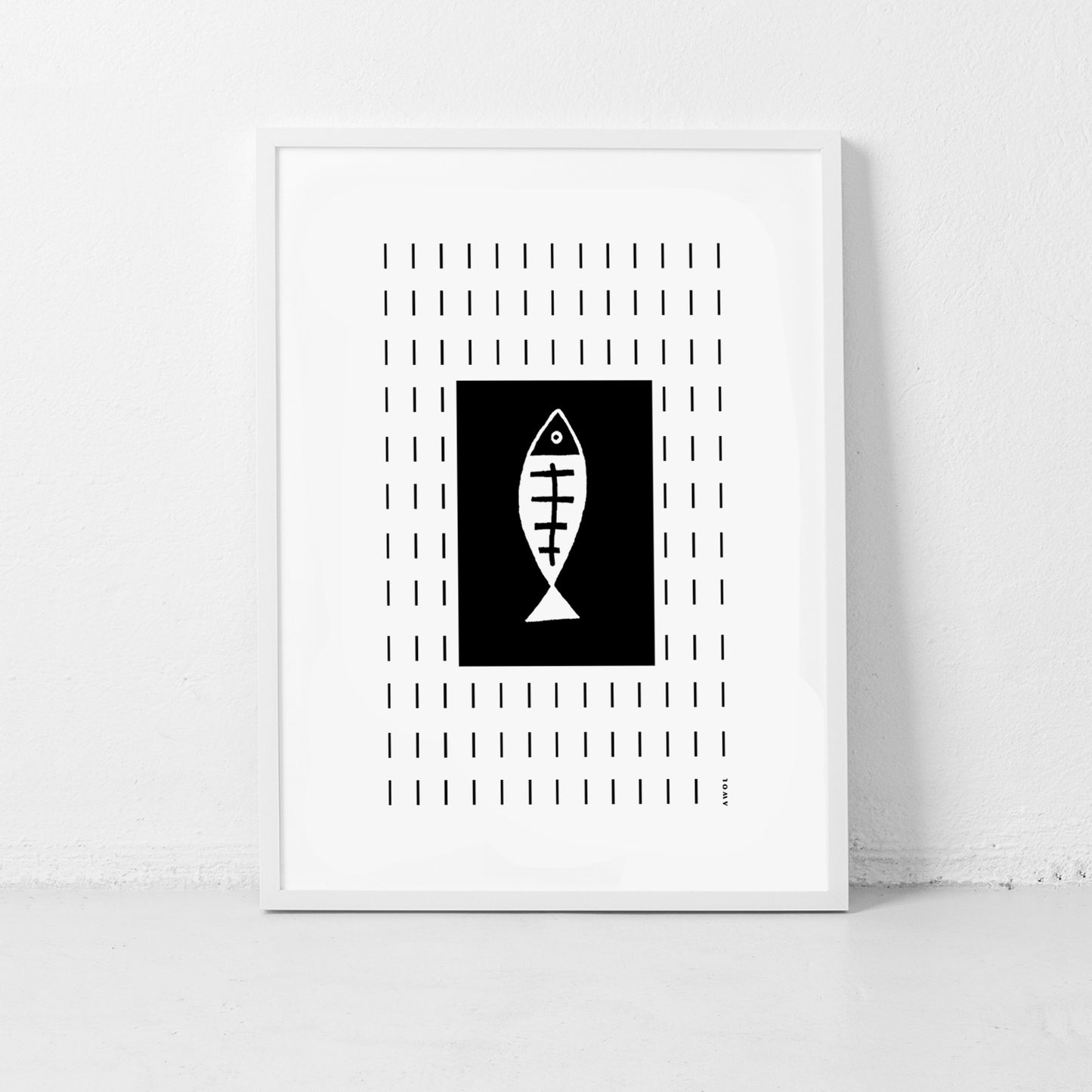 Minimalist Fish Art Abstraction In Rain Pattern, Black and White Framed Art Print