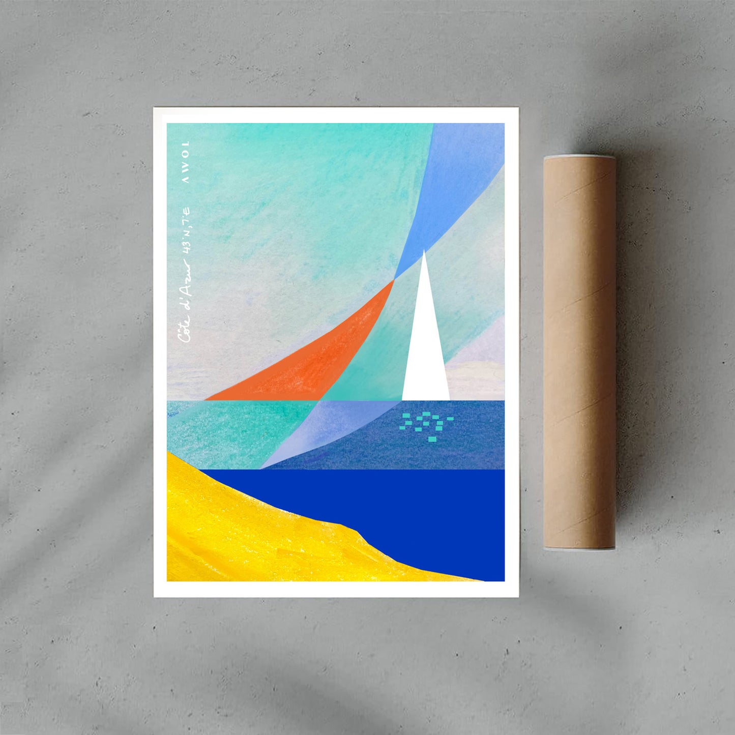 Sea And Sailboat Abstraction Art Of The Mediterranean Sea, French Riviera Nautical Art Print: Wooden Framed Poster Print