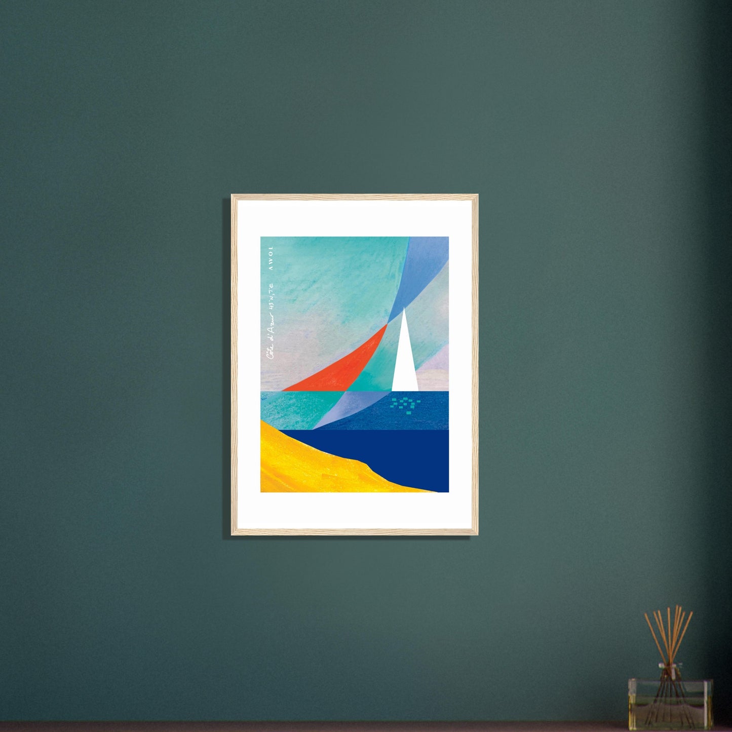 Sea And Sailboat Abstraction Art Of The Mediterranean Sea, French Riviera Nautical Art Print: Wooden Framed Poster Print
