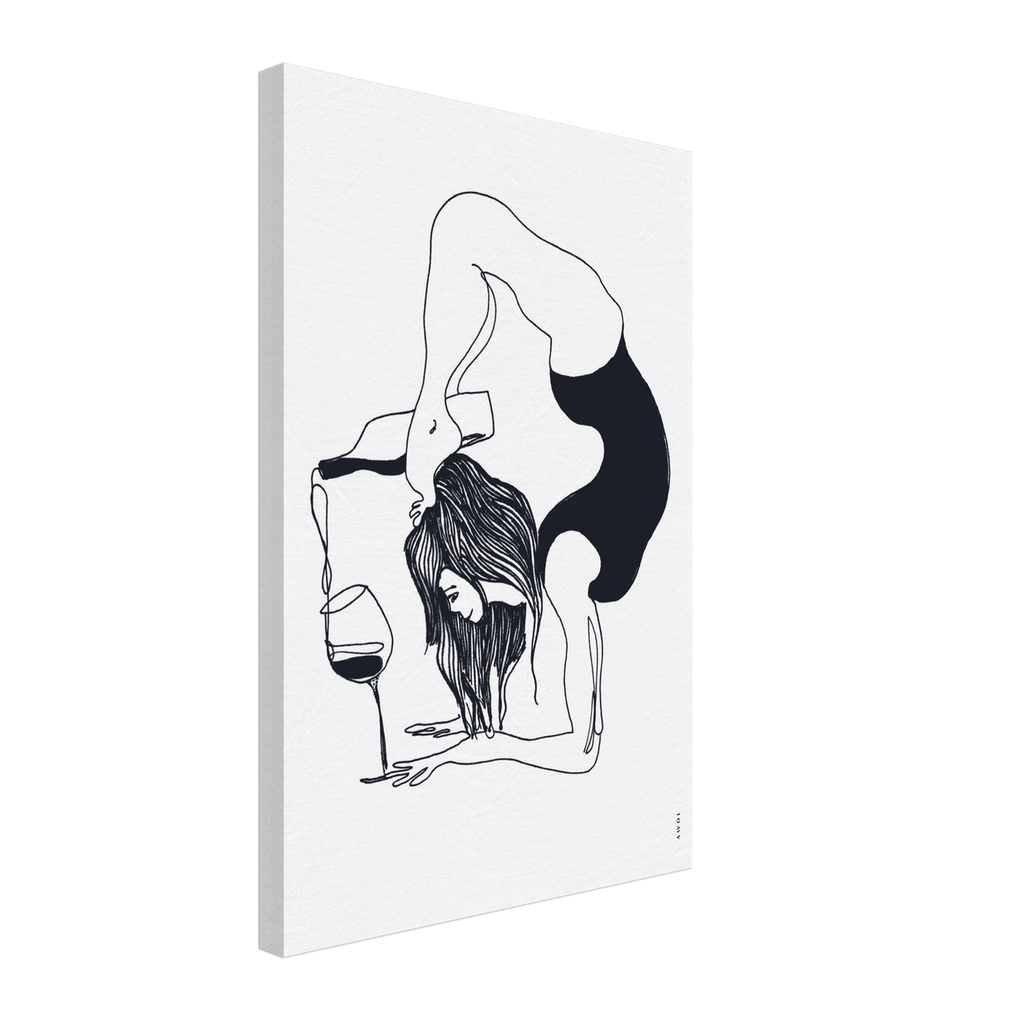 Funny Yoga Art On Canvas:  Minimalist Art Of Yoga Pose On Canvas With Wine