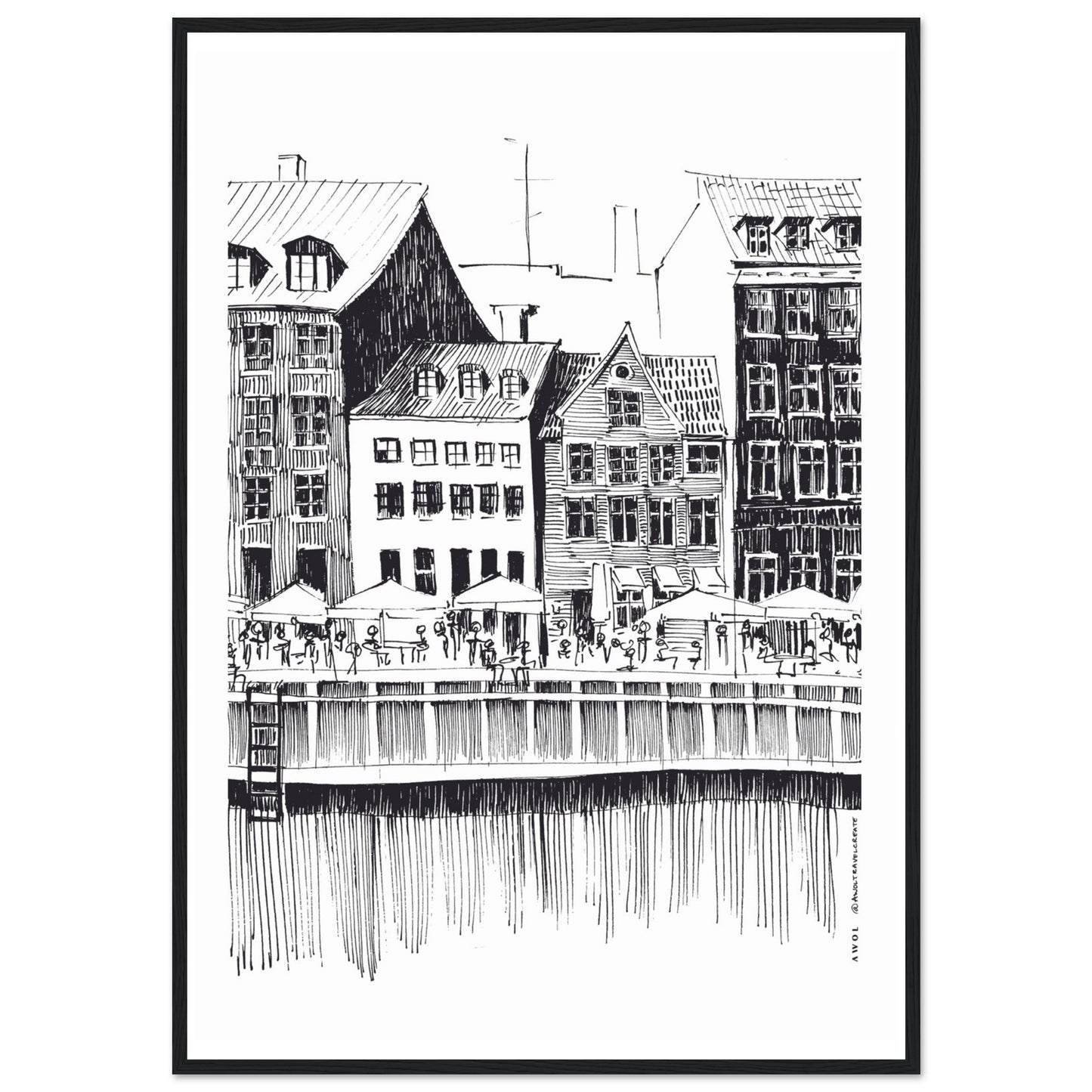Saturday Afternoon With Cafés And Historic Houses In Copenhagen, Wooden Framed Art Print On Premium Paper