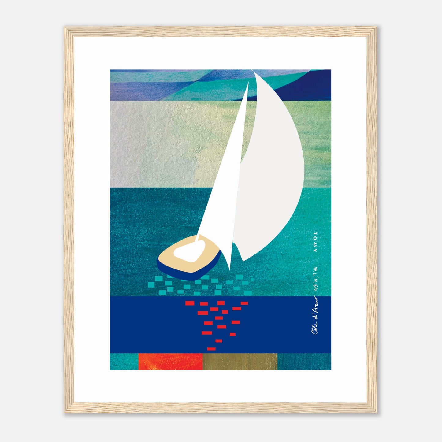 White Sailboat At Sunset On The Sea With Graphic Reflection: French Rivera: Classic Matte Paper Wooden Framed Poster