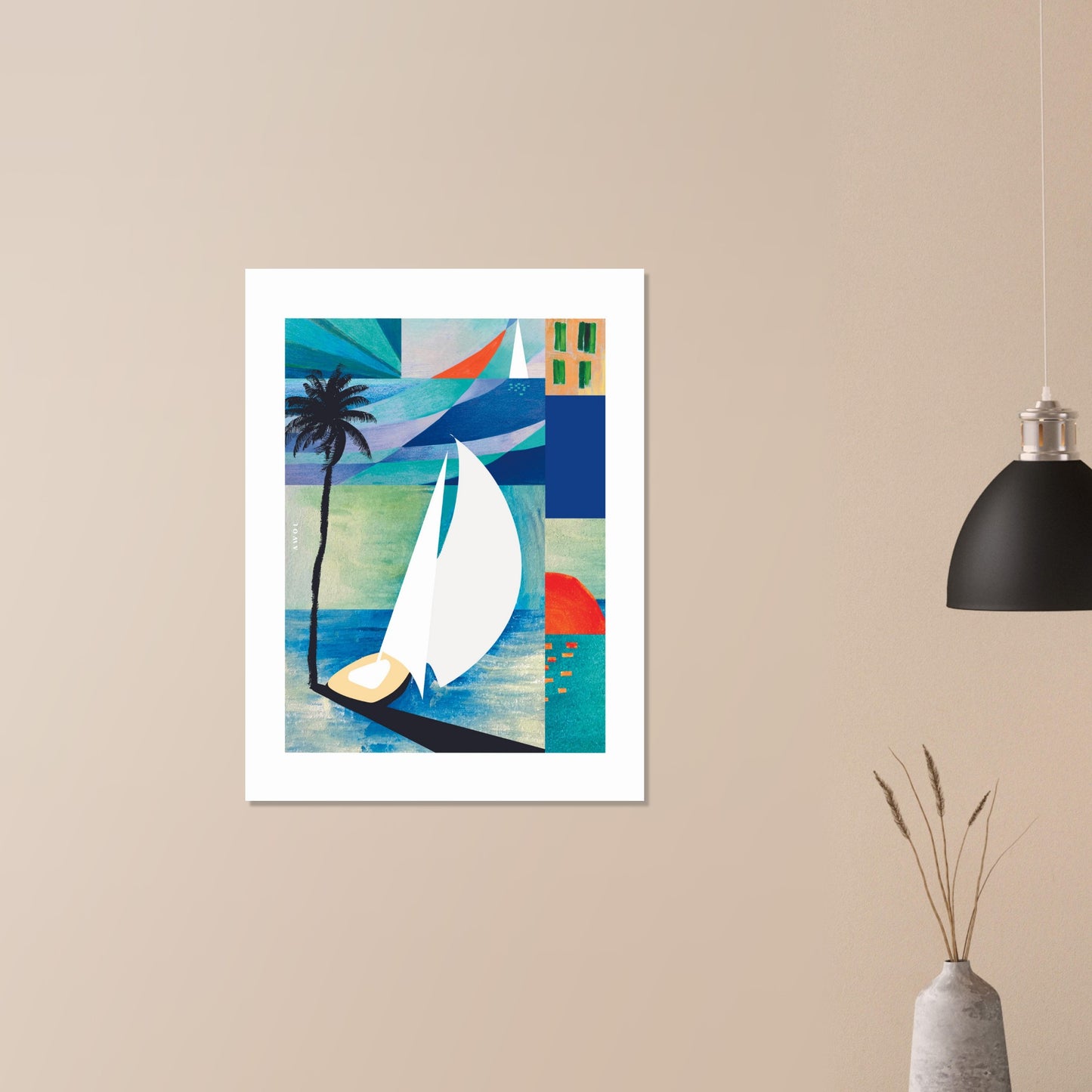 Tropical Art Print, Sunrise, Sail Boat and Palm Trees: Poster Print