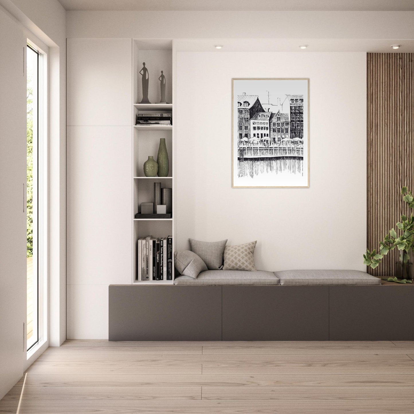 Saturday Afternoon With Cafés And Historic Houses In Copenhagen, Wooden Framed Art Print On Premium Paper