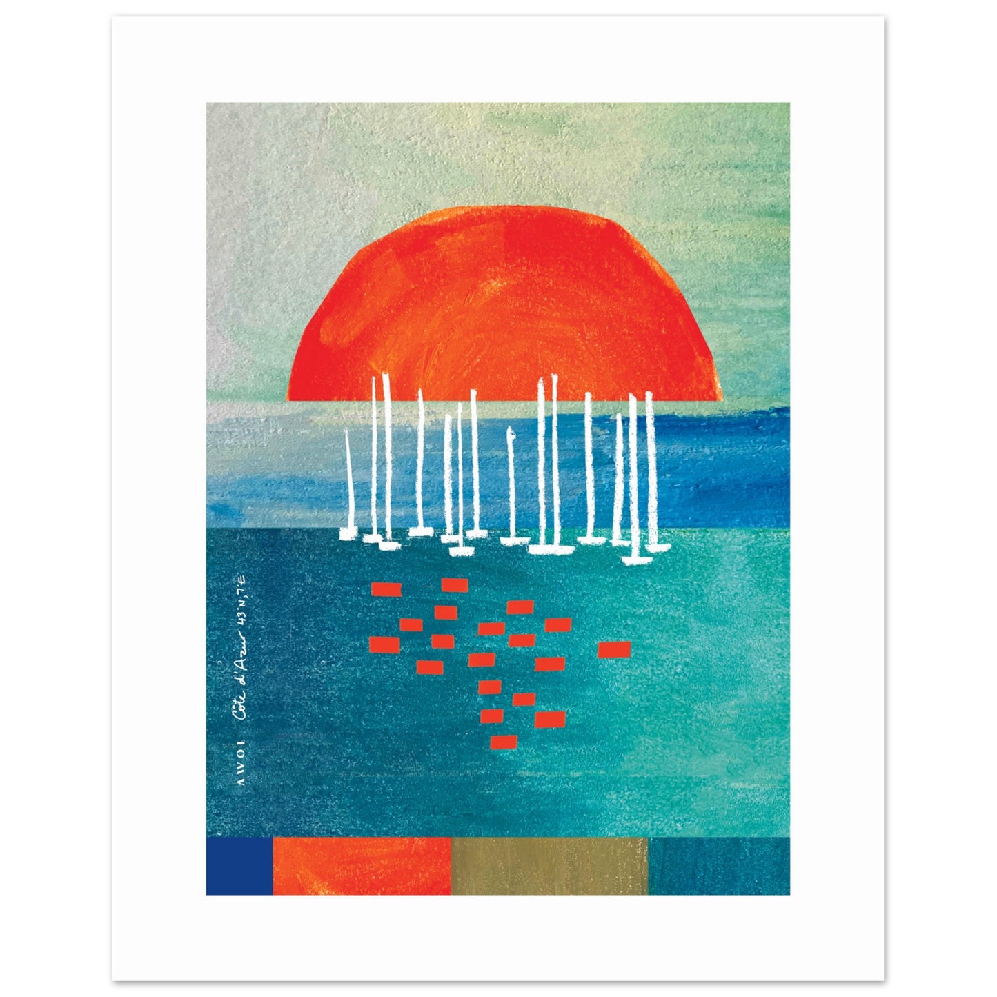 Orange Sunrise Over Blue Sea, Water Reflections And Sailboats: Poster Print