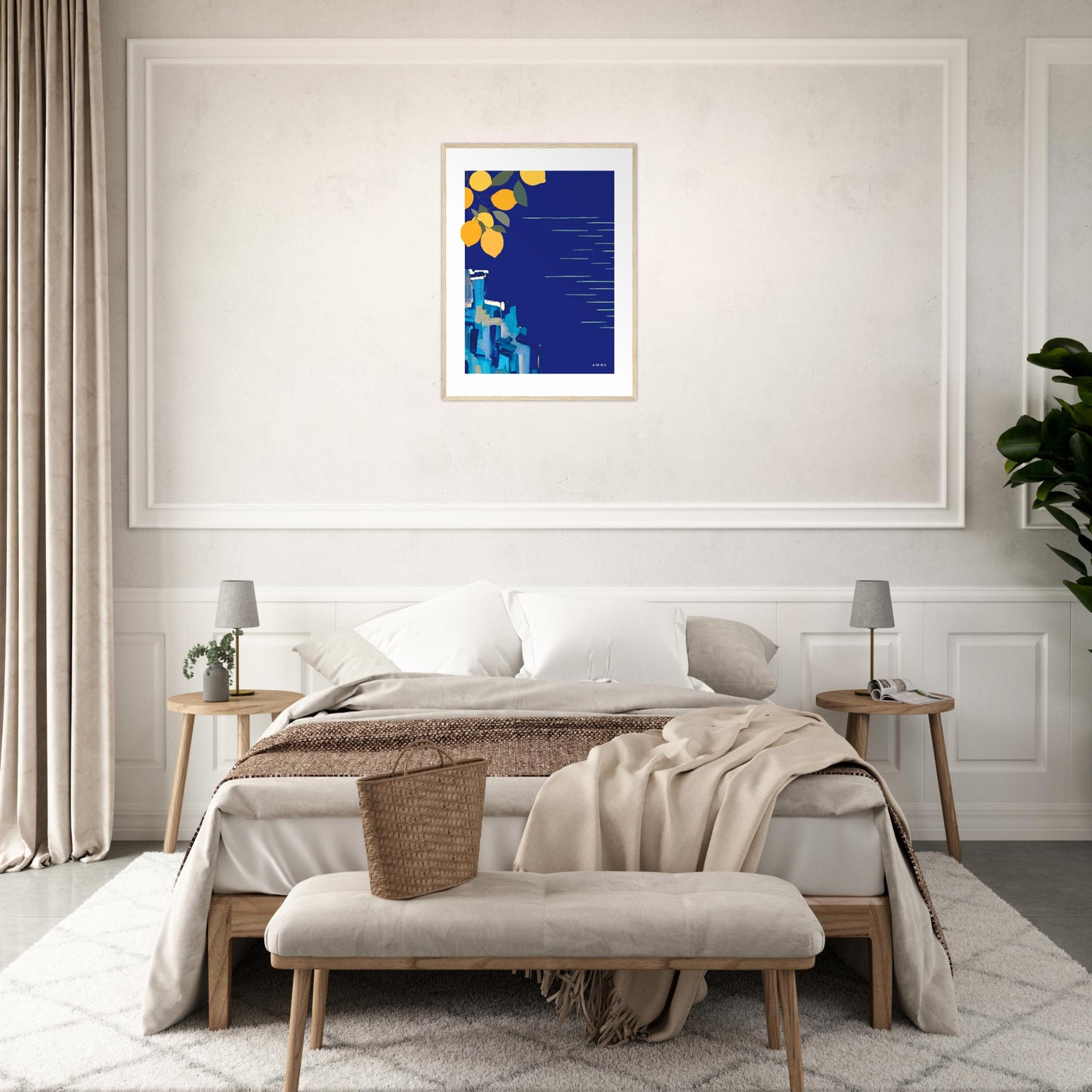 Mediterranean Blues: Landscape Art With Lemons By The Sea, Wooden Framed Art Print