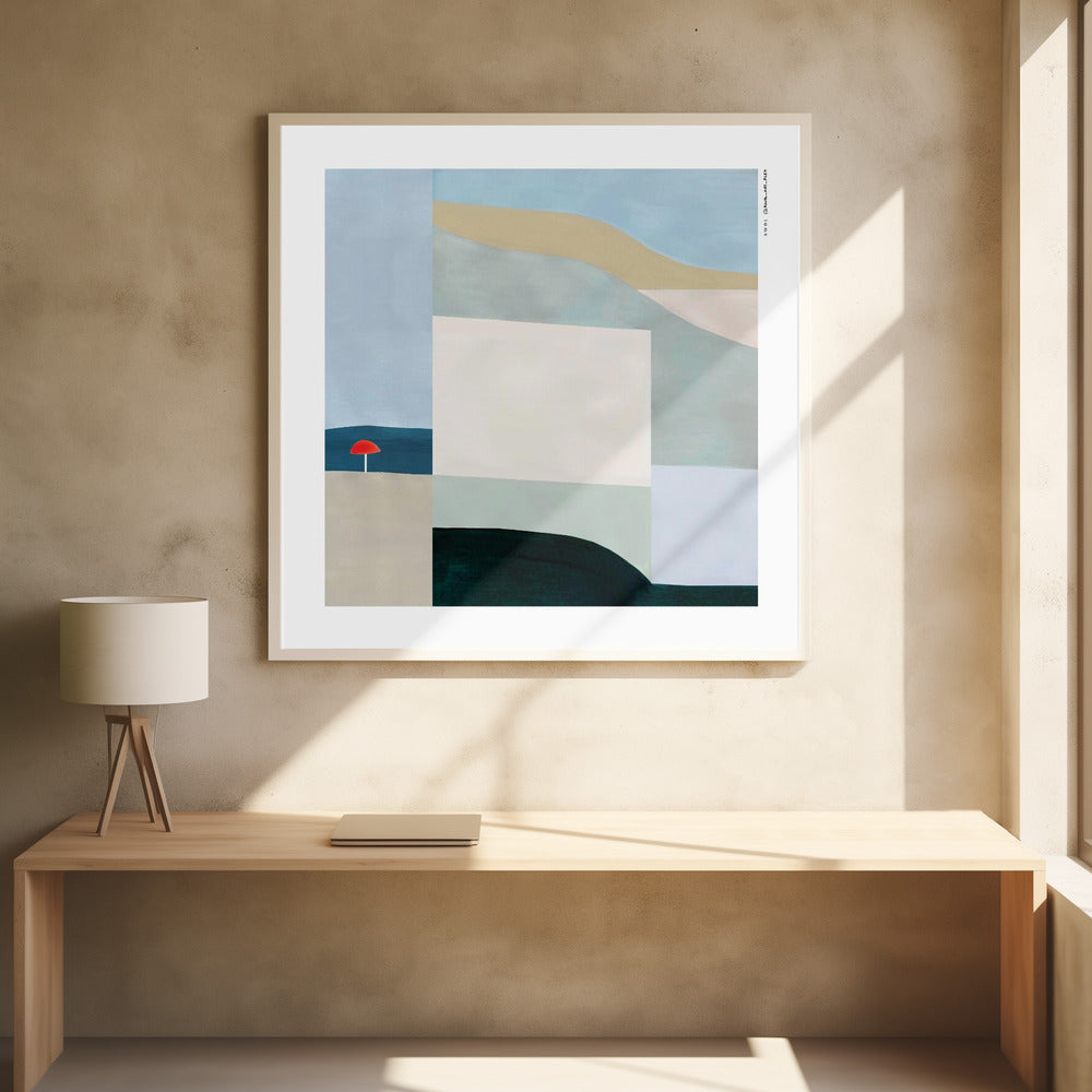 Red Beach Umbrella – Urban Oasis: Fine Art Poster