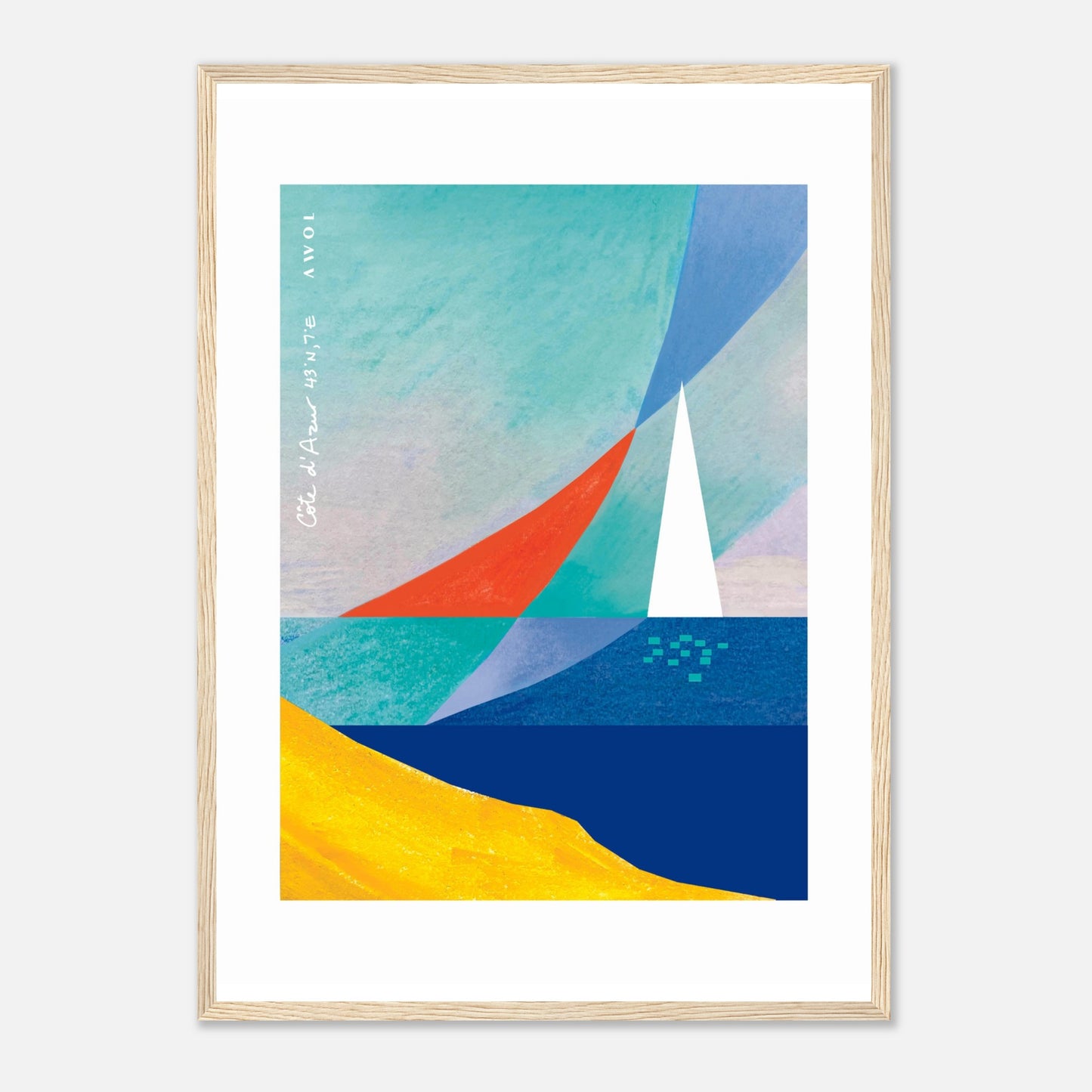 Sea And Sailboat Abstraction Art Of The Mediterranean Sea, French Riviera Nautical Art Print: Wooden Framed Poster Print
