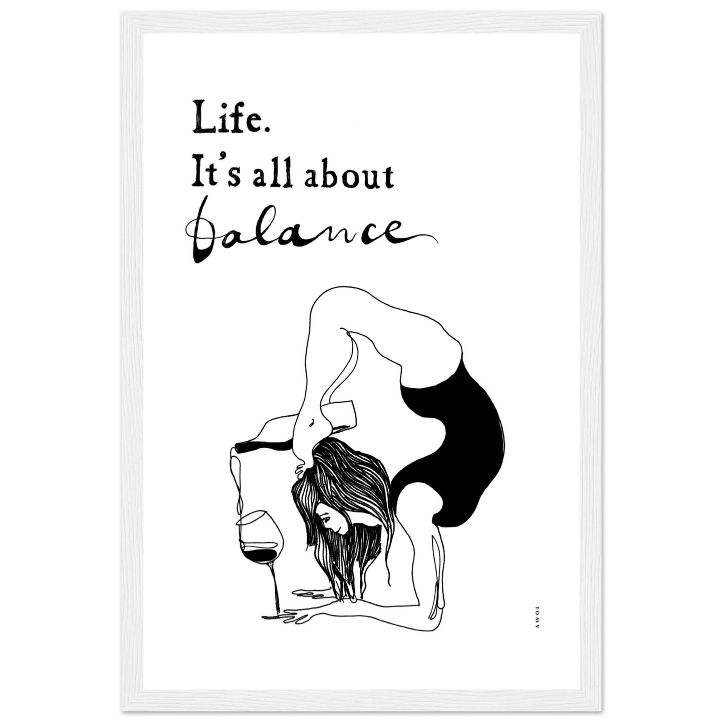 Yoga Art Print With Yoga Pose, Wine And Balance: Framed Art Print