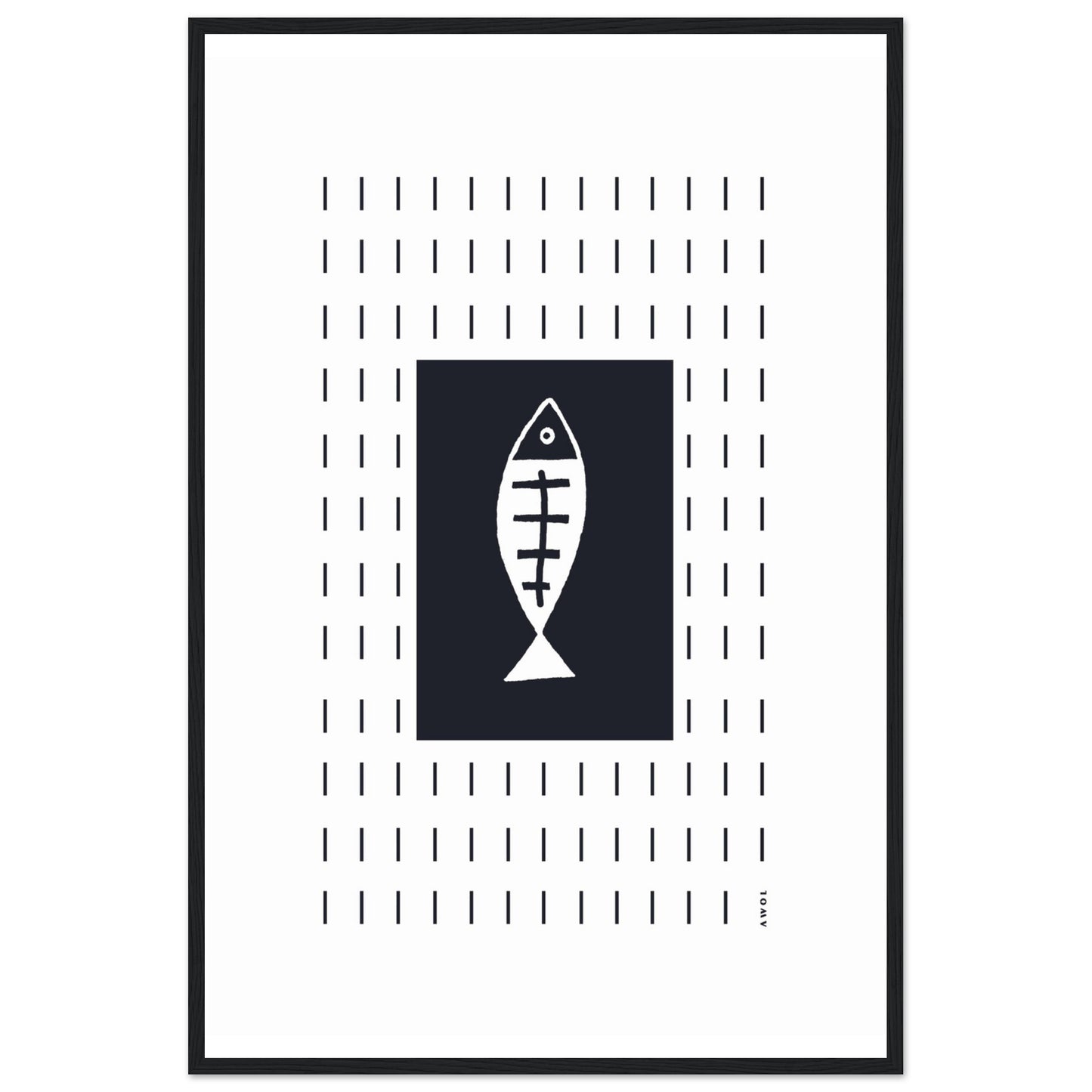 Minimalist Fish Art Abstraction In Rain Pattern, Black and White Framed Art Print