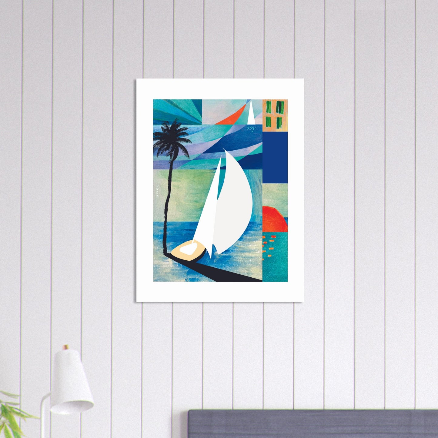 Tropical Art Print, Sunrise, Sail Boat and Palm Trees: Poster Print
