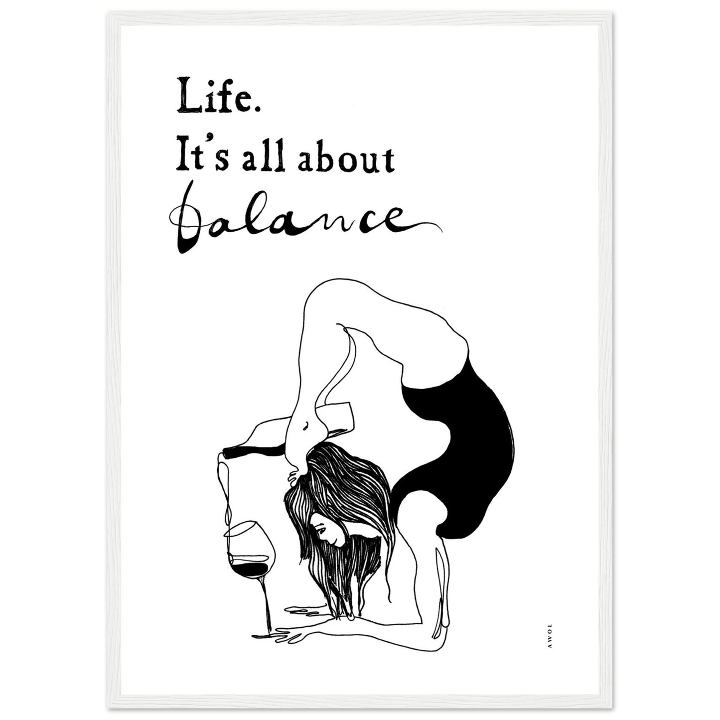 Yoga Art Print With Yoga Pose, Wine And Balance: Framed Art Print