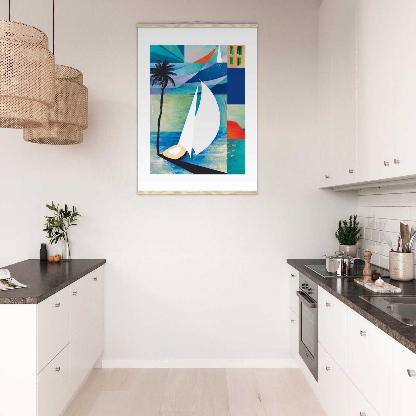 Colourful Sailing Art: Sea, Palm Tree And Orange Sun: Travel Poster with Hanger