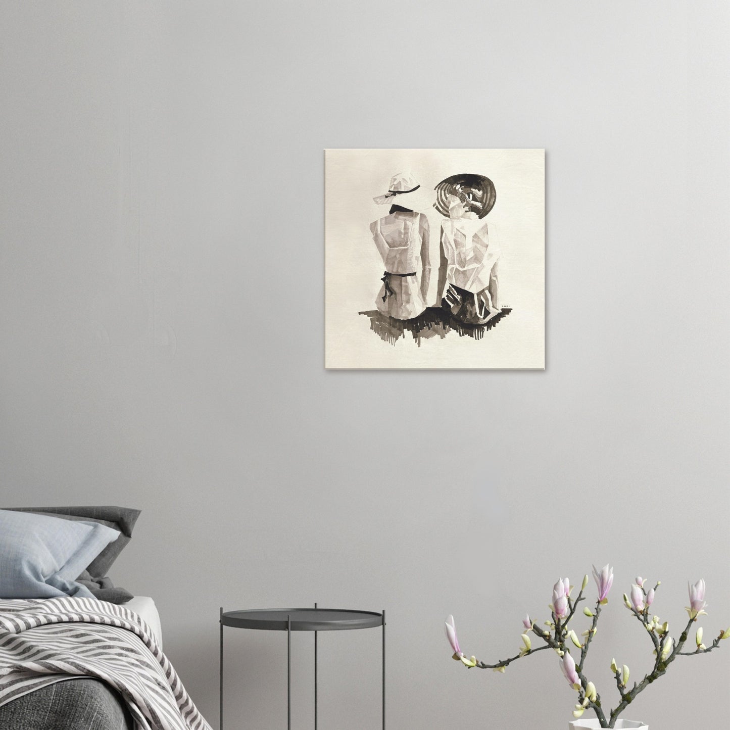Mediterranean Elegance: Two Women In Hats On The Beach Looking At The Sea, Large Monochrome Canvas Art